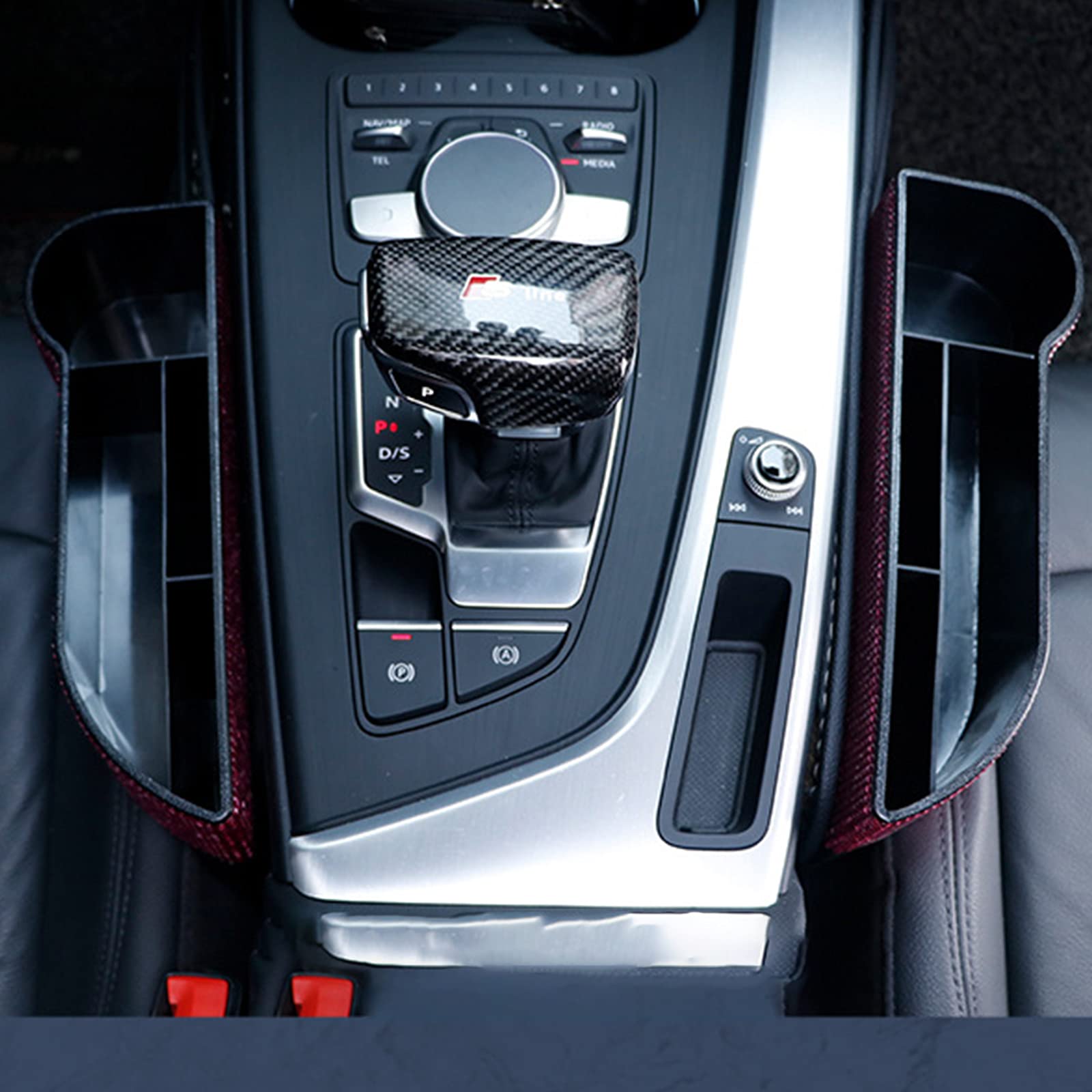 Diamond Crystal Car Seat Organizer - Console Side Pocket for Cellphone, Wallet & Keys | Gap Filler Storage Caddy | Bling Bling Auto Accessory (Red, Driver Side) | Perfect for Road Trips & Daily Commutes