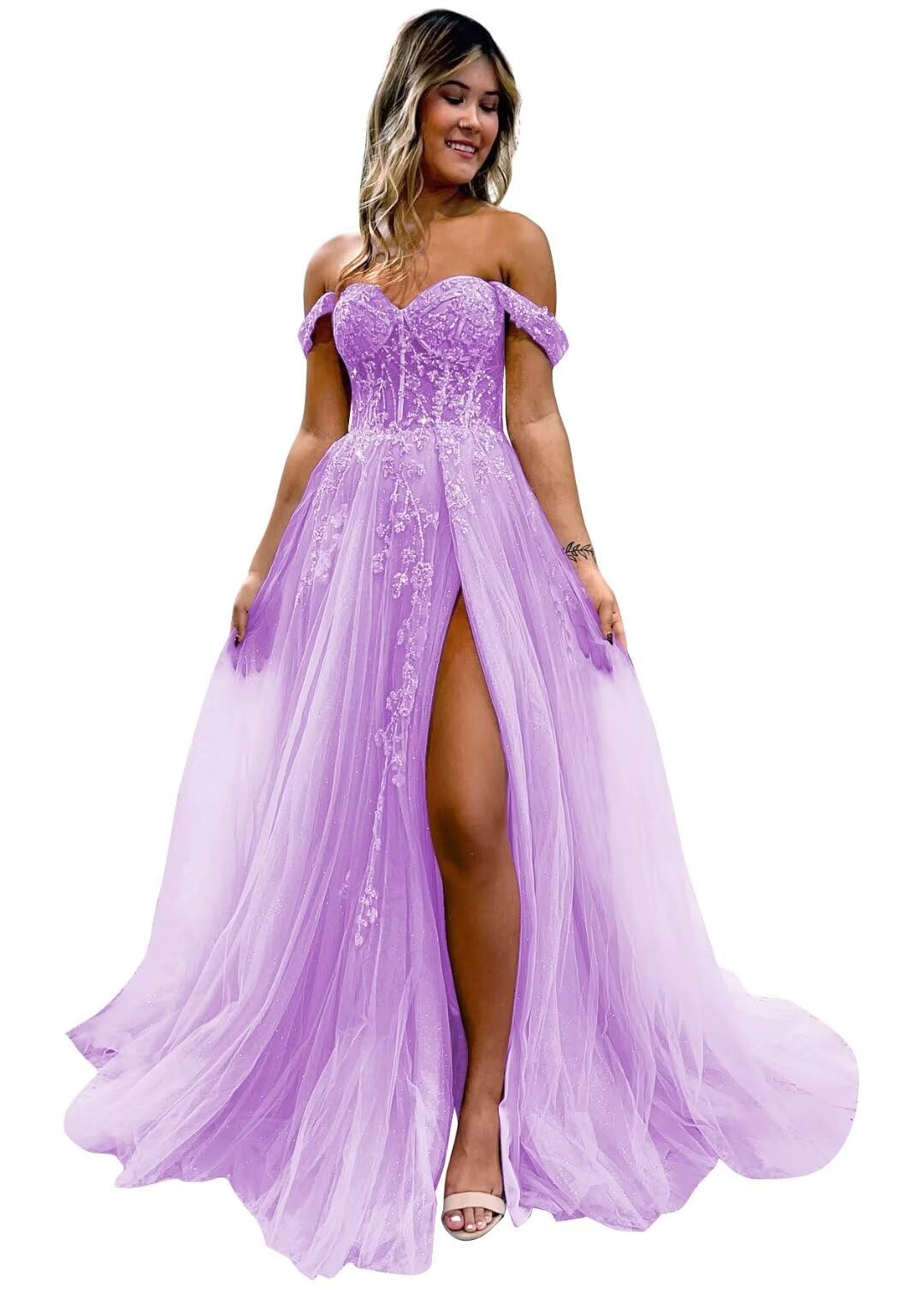 Off The Shoulder Tulle Prom Dresses with Slit & Lace Appliques | Sweetheart Neckline Long Formal Evening Gowns for Homecoming, Wedding, Ball & Special Occasions