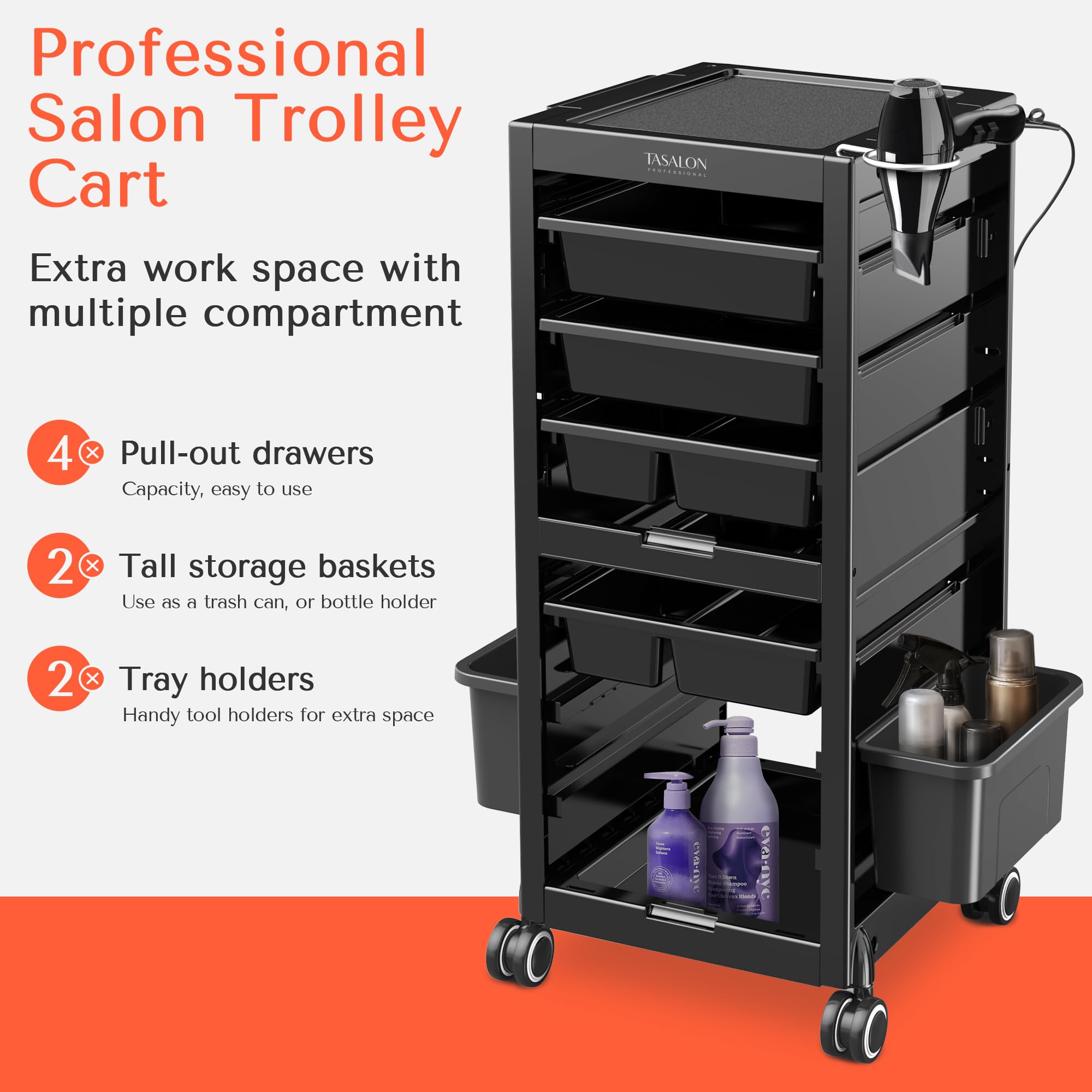 Professional Salon Trolley Cart with 4 Drawers & 2 Storage Baskets - Multipurpose Beauty Station for Hair, Nail, and Makeup Artists - Perfect for Salon, Spa, and Home Use
