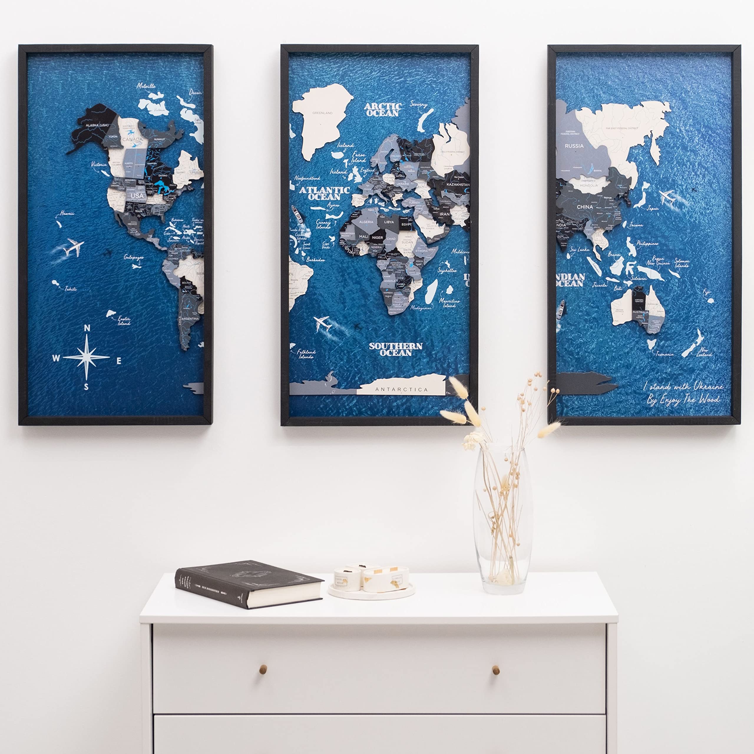 3D Wooden World Map Wall Art - Framed Travel Decor Triptych Panel Set for Home & Office - Rustic Housewarming Gift (Medium, Nordic Style) | Perfect for Living Room, Study & Travel Enthusiast Decor