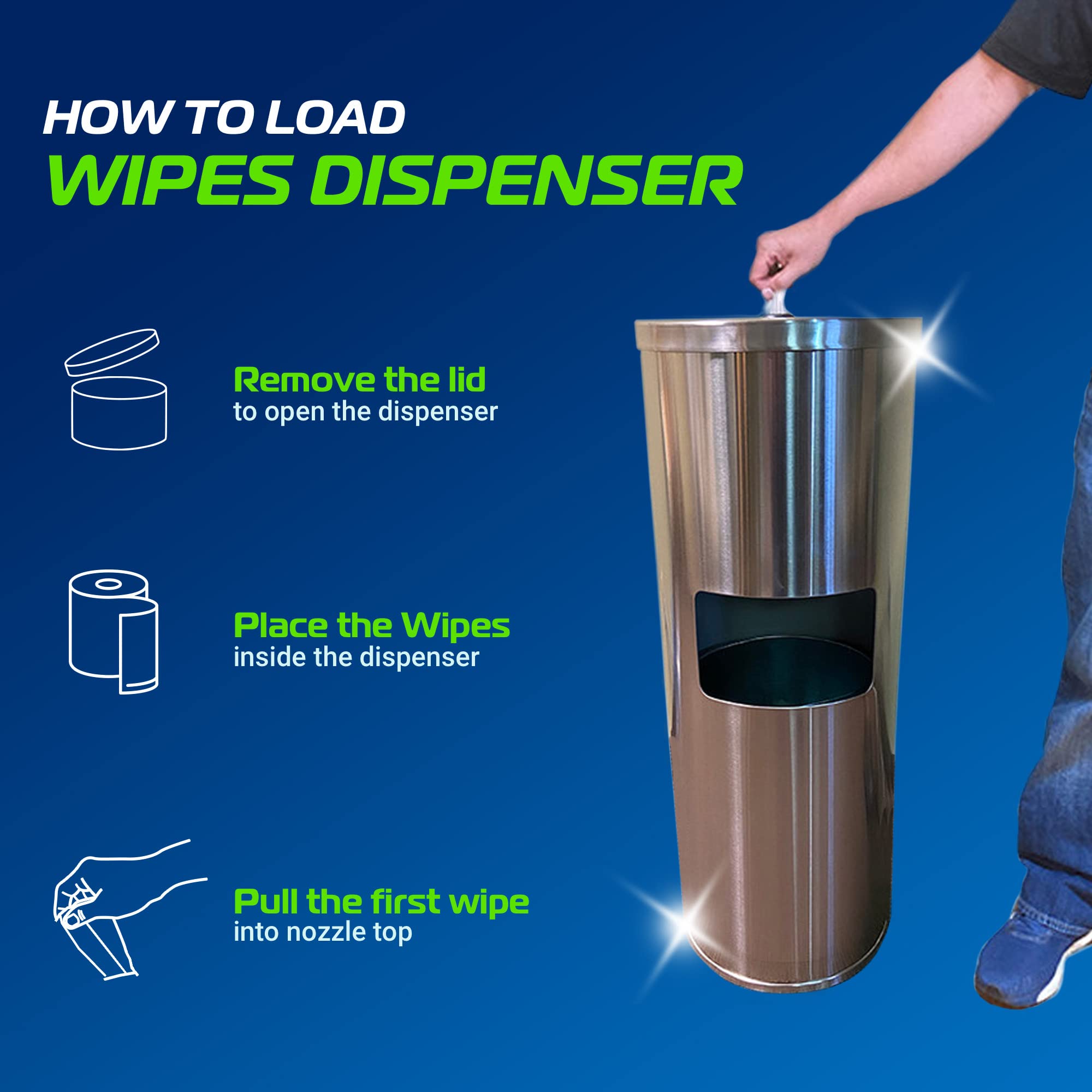 Stainless Steel Wipes Dispenser with Trash Can & Refillable Bucket - Multi-Purpose Floor Stand for Large Roll Wipes - Durable & Hygienic for Home, Office, Kitchen, Nursery & Commercial Use