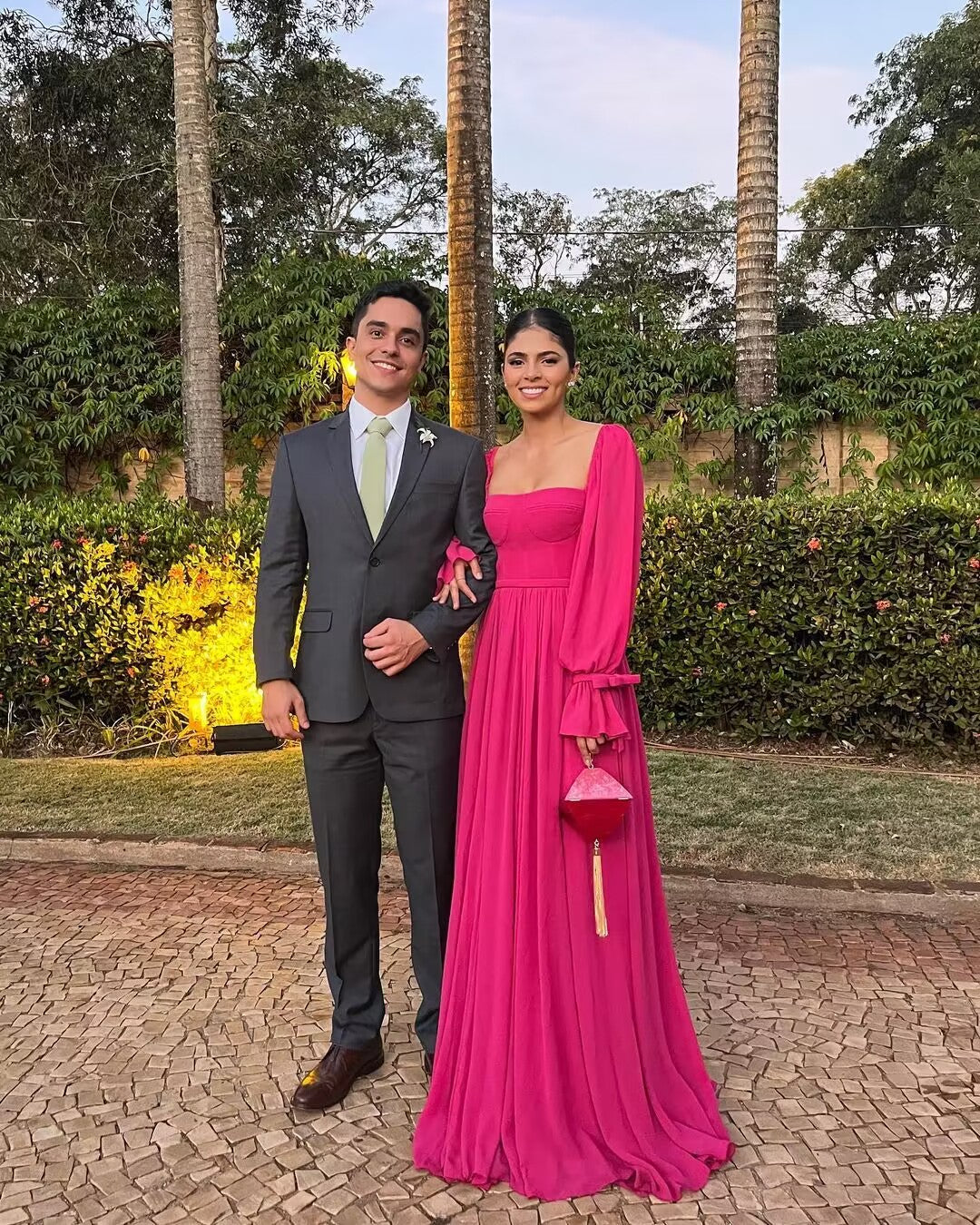 Elegant Hot Pink A-Line Chiffon Long Prom Dress with Long Sleeves - Formal Evening Gown for Homecoming, Ball, Quinceañera & Special Occasions