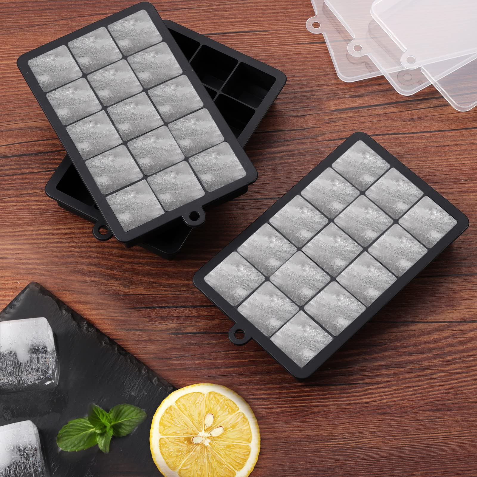Sinnsally 3-Pack Silicone Ice Cube Trays with Lid - 15 Square Ice Molds for Whiskey, Cocktails & Beverages | BPA-Free, Easy Release Freezer Containers | Perfect for Home Bars, Parties & Everyday Use