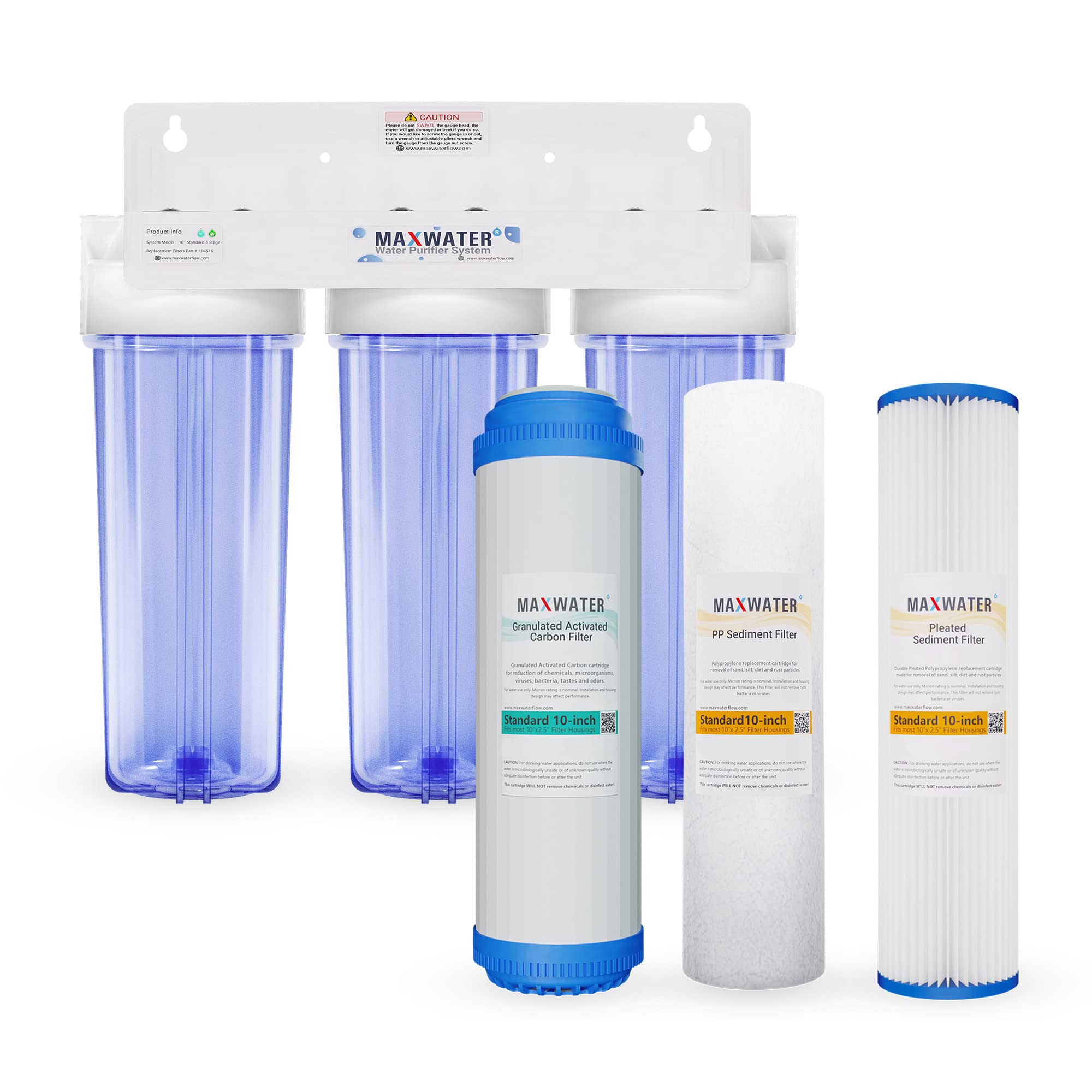 Max Water 3-Stage Whole House Water Filtration System - 10 Inch Standard with Sediment, Pleated Sediment & GAC Filters - 3/4