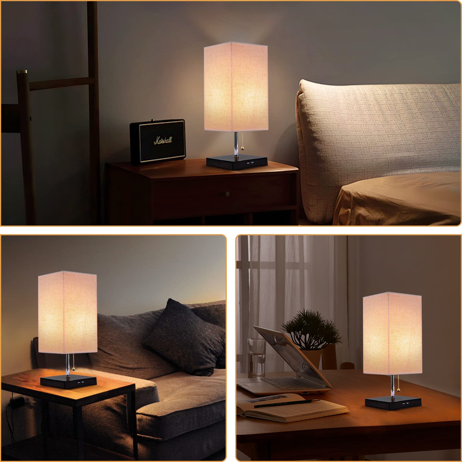 Siljoy Modern Table Lamp with 2 USB Charging Ports - Beige Fabric Lampshade & Black Wooden Base, Pull Chain Switch Nightstand Lamp for Bedroom, Living Room | Perfect for Reading, Working & Charging Devices