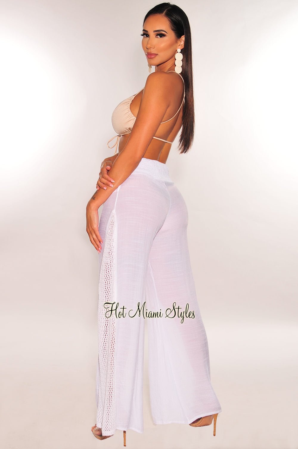 White Linen Crochet Cover Up Pants - Women's Boho Beach Pants for Summer Vacation, Poolside Lounging & Yoga