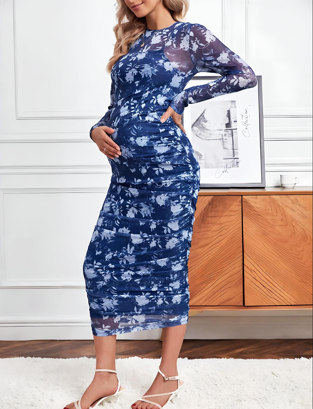 Stylish Mesh Maternity Dress with Ruched Sides & Round Neck - Perfect for Baby Showers, Weddings & Cocktail Parties | Comfortable Pregnancy Dress for Fall 2024 | Ideal for Special Occasions & Everyday Wear