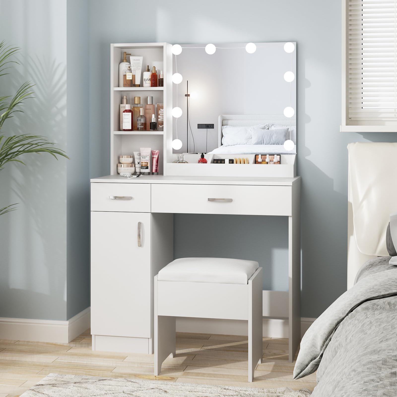 Fameill White Vanity Desk with LED Mirror & 2 Drawers - Adjustable 3-Color Lighting Makeup Table with Storage (35 Inch) - Perfect for Bedroom, Dressing Room & Beauty Salon