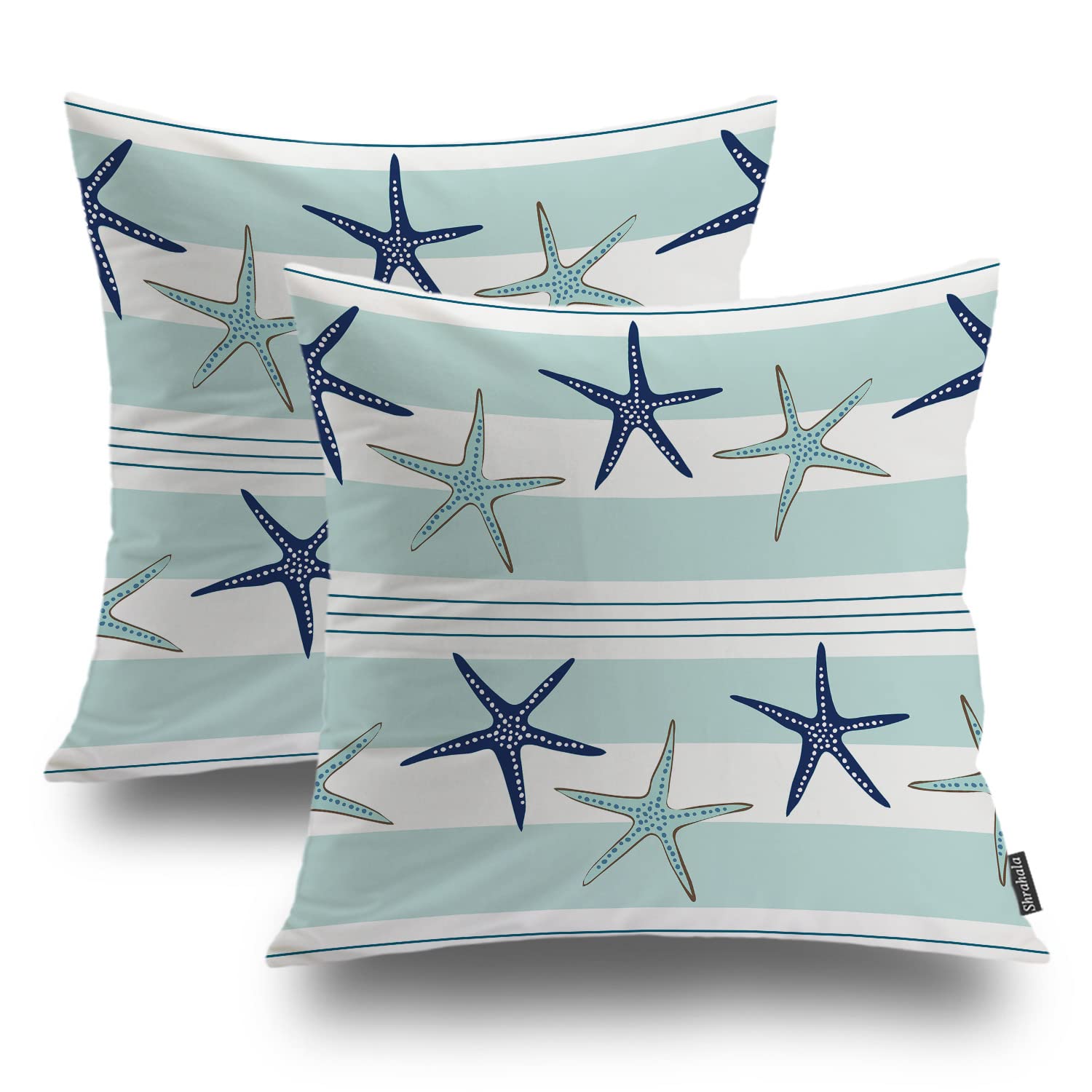 Shrahala Coastal Navy Blue Decorative Pillow Covers - Set of 2, 16x16 Inch Square Starfish Pattern Cushion Cases for Sofa, Bedroom, Car & Home Decor - Turquoise & Navy Blue Throw Pillows for Coastal & Beach House Styling