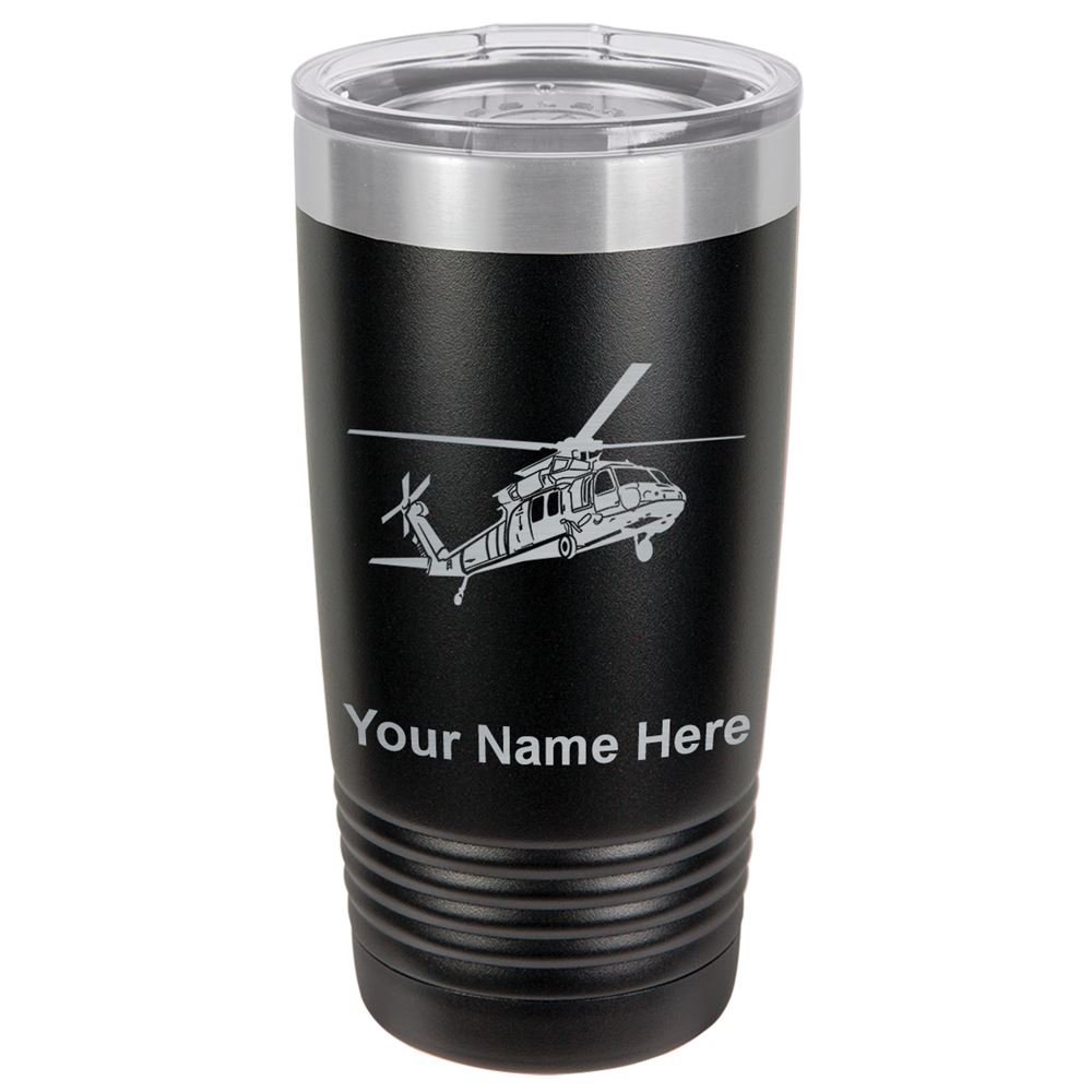 LaserGram 20oz Vacuum Insulated Stainless Steel Tumbler Mug with Military Helicopter Design - Personalized Engraving Included (Black) - Perfect for Coffee, Tea & Cold Drinks at Home, Office or Outdoor Adventures