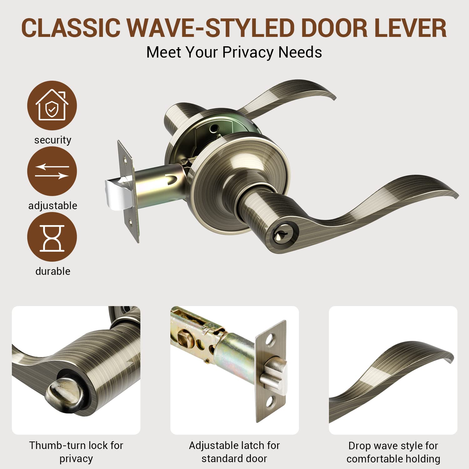 Ohuhu Antique Bronze Door Handle Set - Interior & Exterior Door Knob with Key, Wave Style Lever Lock for Bedroom, Bathroom Privacy (Zinc Alloy) - Perfect for Home Entryway, Office & Rental Property Security
