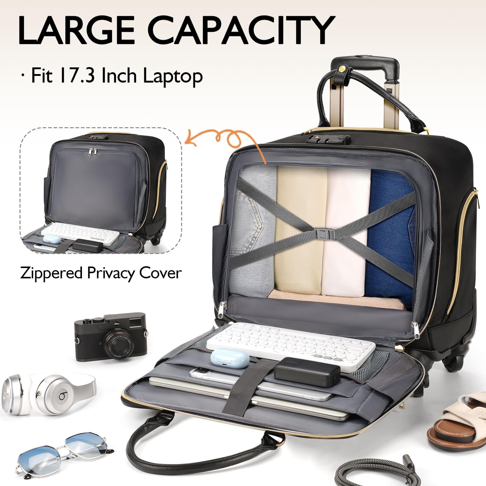 Rolling Laptop Briefcase with 4 Spinner Wheels - TSA Approved Carry On Computer Bag for Business Travel | Durable Work Tote for Professionals (Black) | Perfect for Airports, Commuting & Office Use