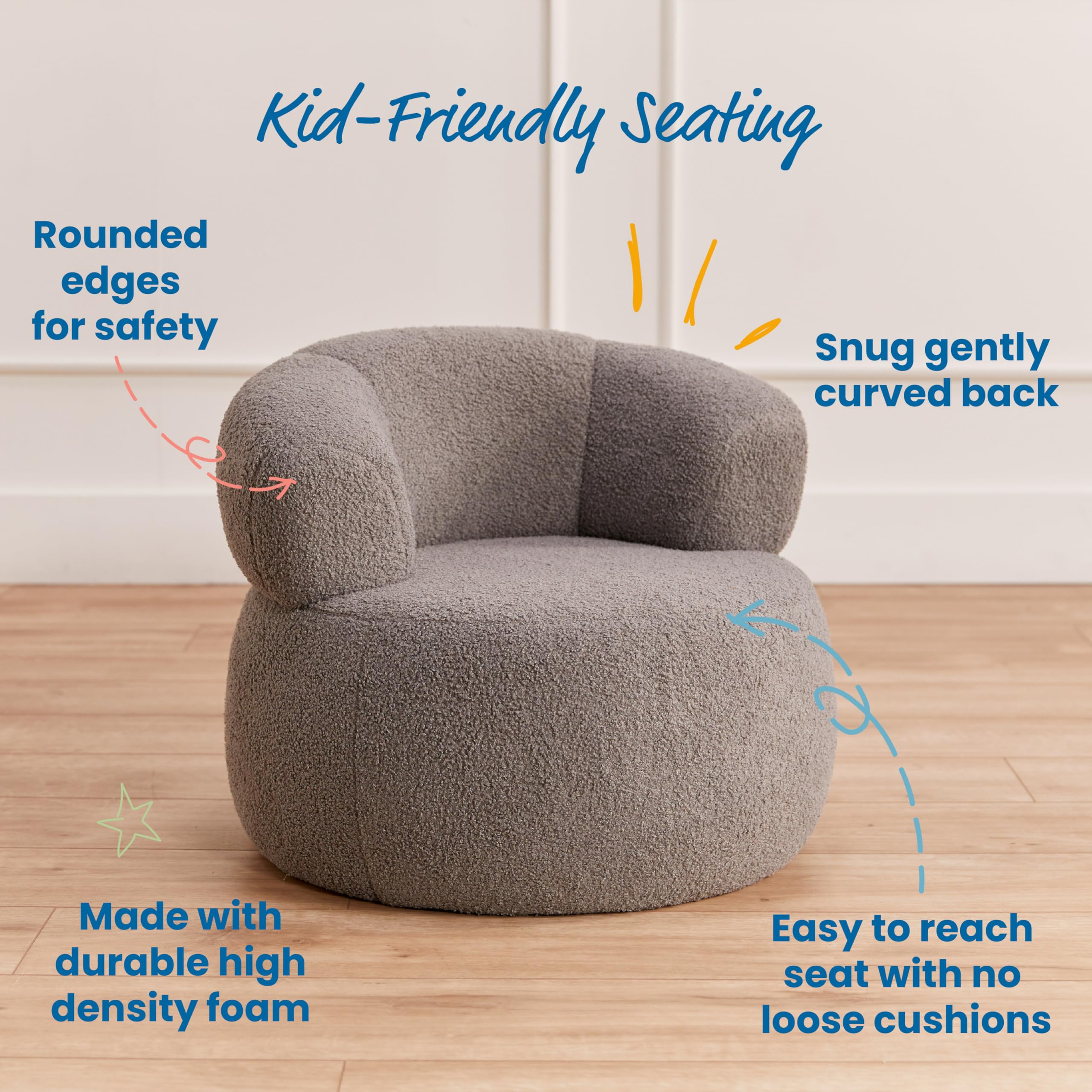 ECR4Kids Sophie Accent Chair for Kids - Soft Grey Children's Furniture for Bedroom, Playroom & Reading Nook - Comfortable Small Chair for Toddlers & Preschoolers