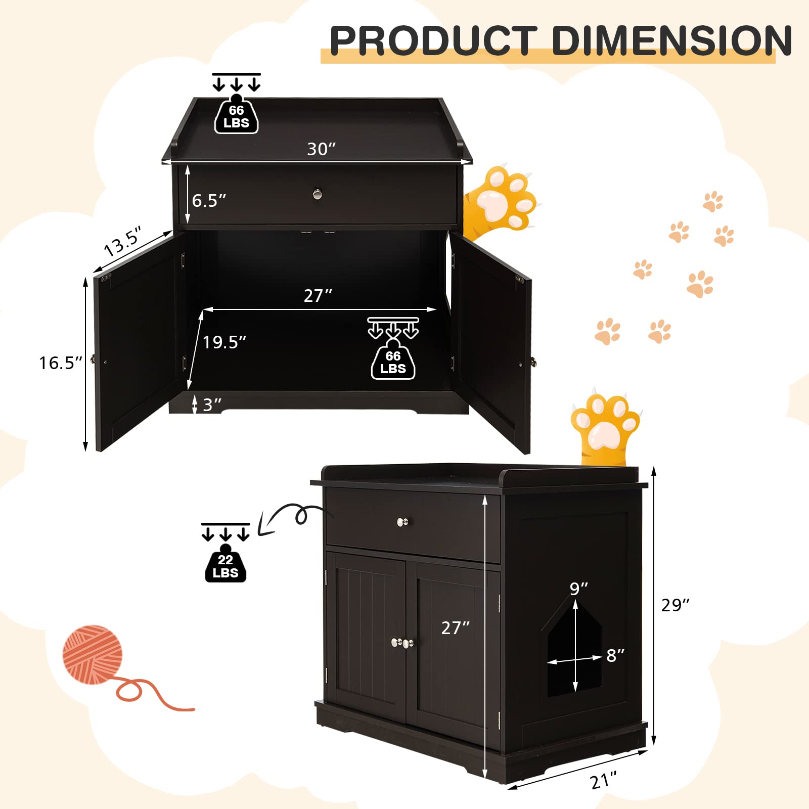Tangkula Large Wooden Cat Litter Box Enclosure Cabinet with 2 Doors & Storage Drawer - Hidden Indoor Cat Washroom Furniture, Pet House Bench Side Table (Brown) | Perfect for Small Spaces & Stylish Home Decor