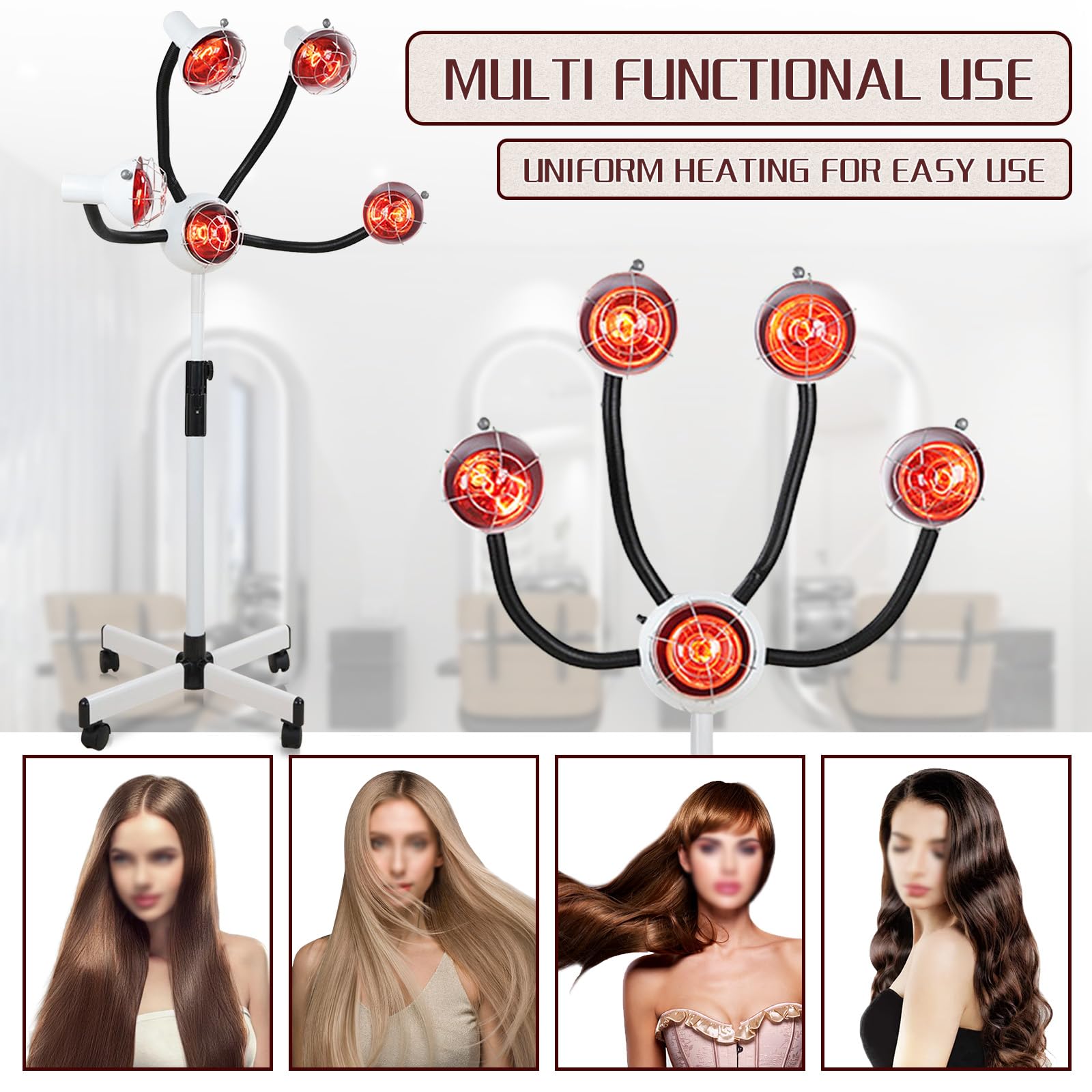 750W 5-Head Infrared Heat Lamp Hair Dryer Stand - Portable Floor Styling & Perming Accelerator with Red Light Therapy & Metal Lampshade, 110V (White) - Perfect for Salon, Home Hair Care & Professional Styling