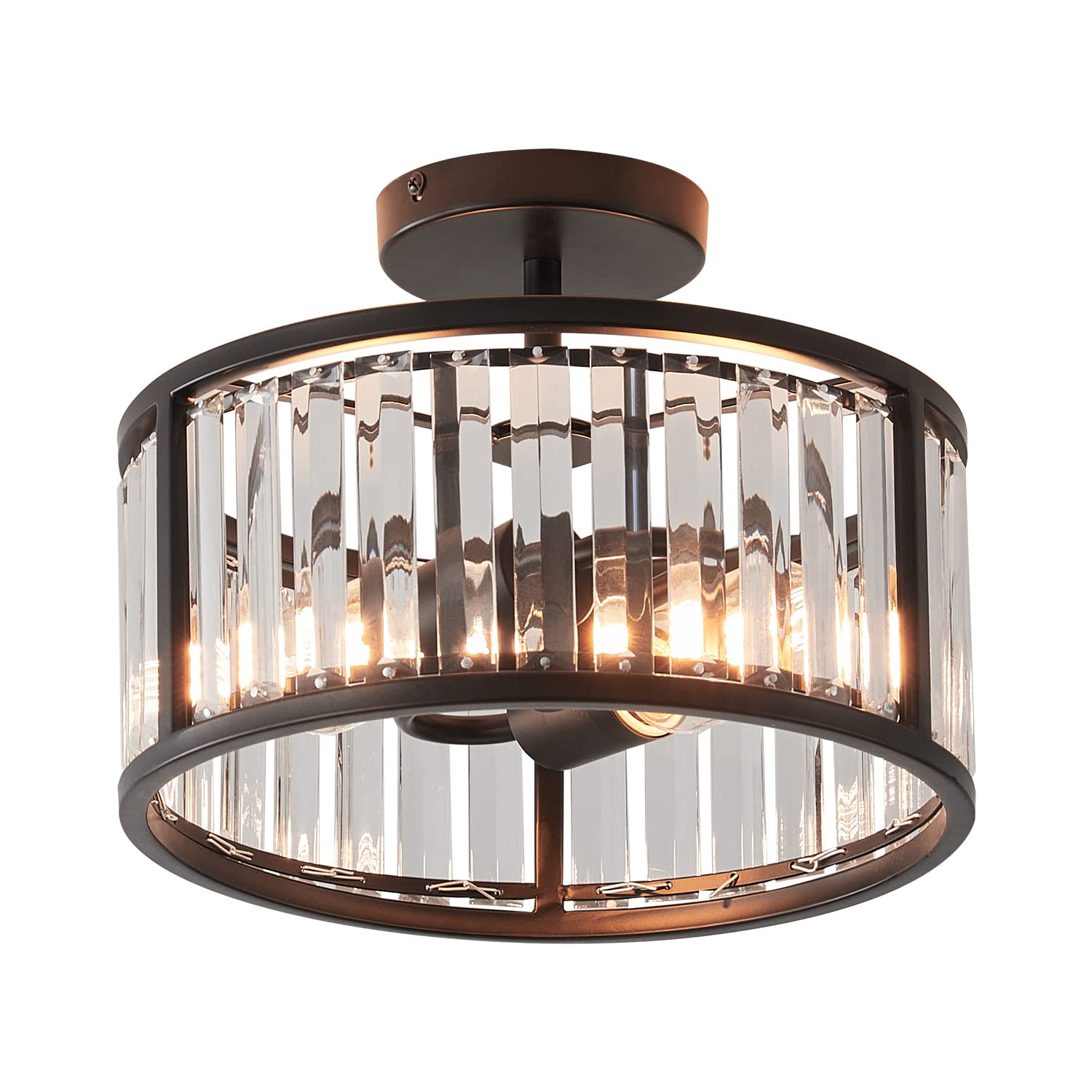 Black Semi Flush Mount Ceiling Light Fixture - 2-Light Crystal Drum Chandelier for Hallway & Entryway - Modern Caged Close-to-Ceiling Lighting for Bedroom, Dining Room & Small Spaces