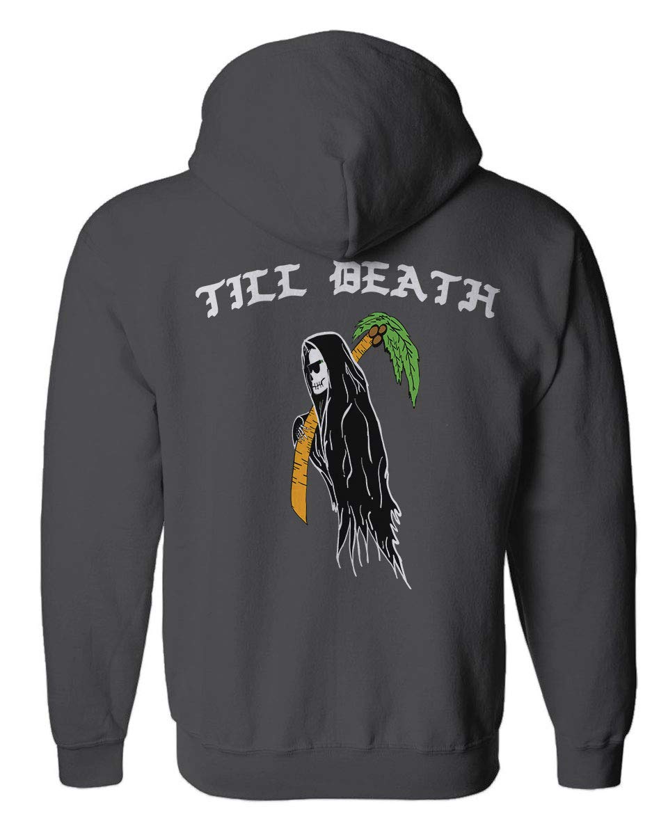 VICES AND VIRTUES Black Summer Palm Graphic Hoodie - Cool Bones Surf Style with 'Till Death' Design - Obei Society Streetwear for Beach Parties & Urban Fashion