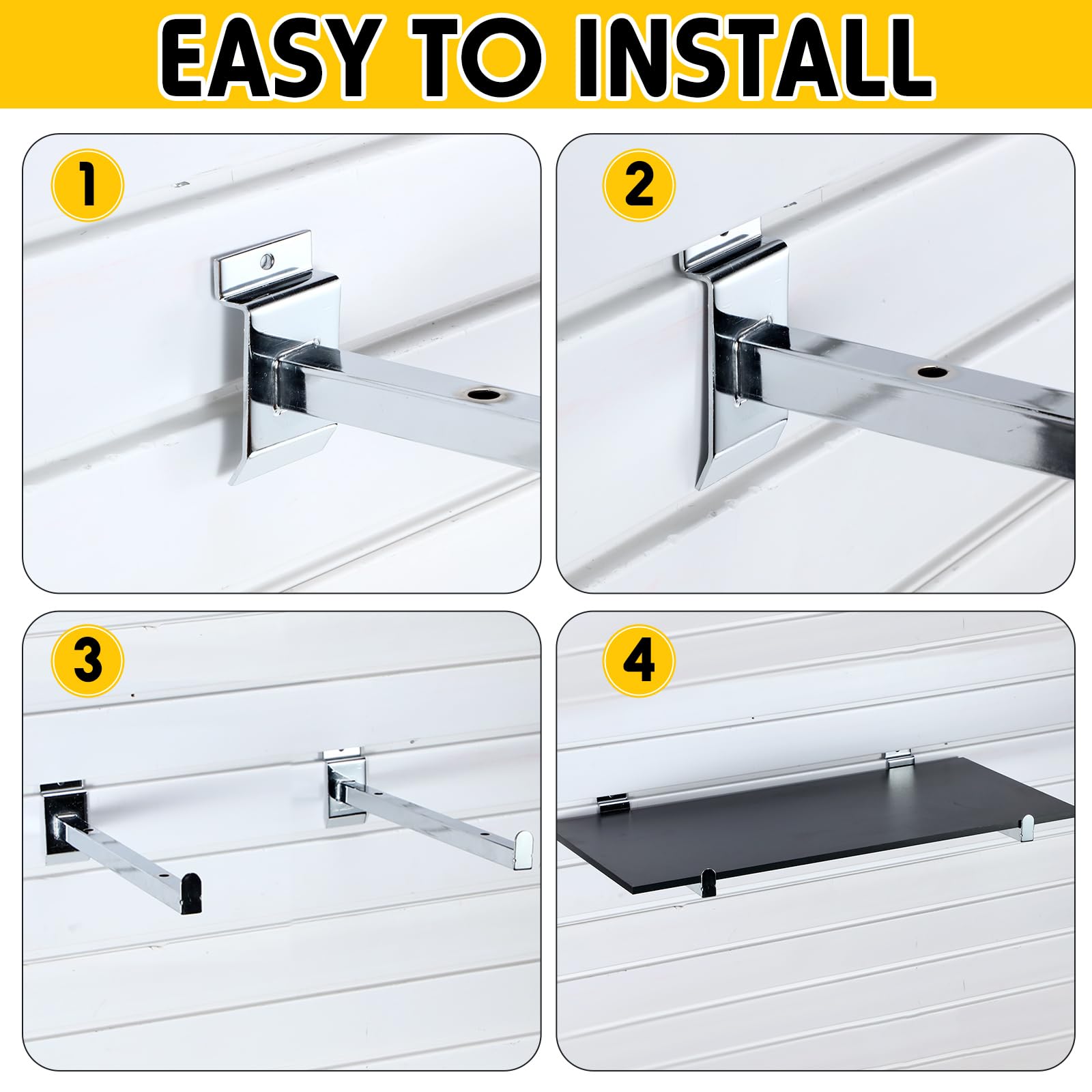 Wenqik 4-Piece Black Slatwall Shelf Set with Heavy Duty Metal Brackets - Wall Mounted Storage Organizer for Garage, Shop, Bedroom & Kitchen Decor | Space-Saving Solution for Tools, Spices & Home Organization