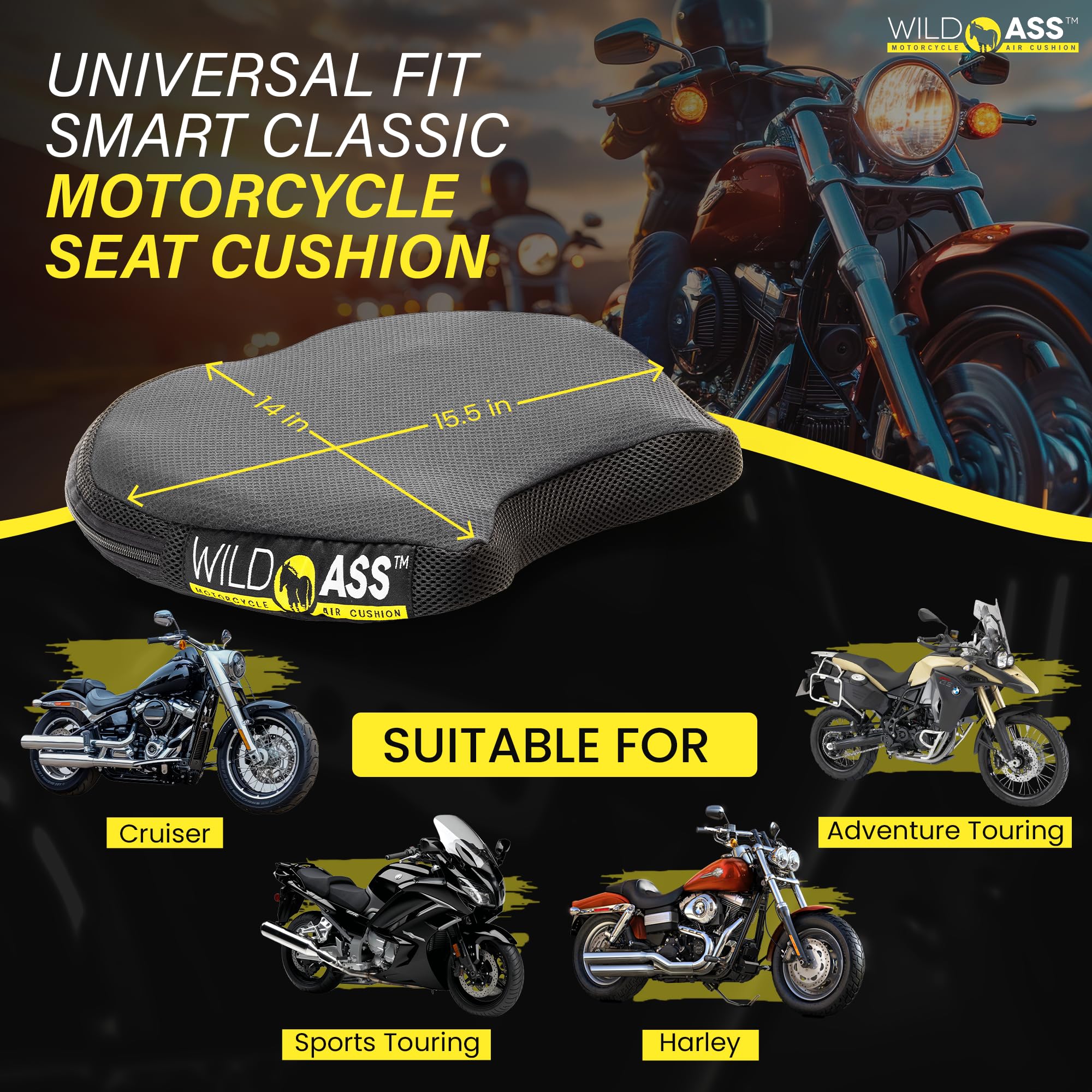 Motorcycle Air Gel Seat Cushion - Ergonomic Universal Fit with Adjustable Straps for Maximum Comfort & Pain Relief - Cooling Gel Pad for Long Rides - Perfect for Touring, Commuting & Adventure Riding - Black
