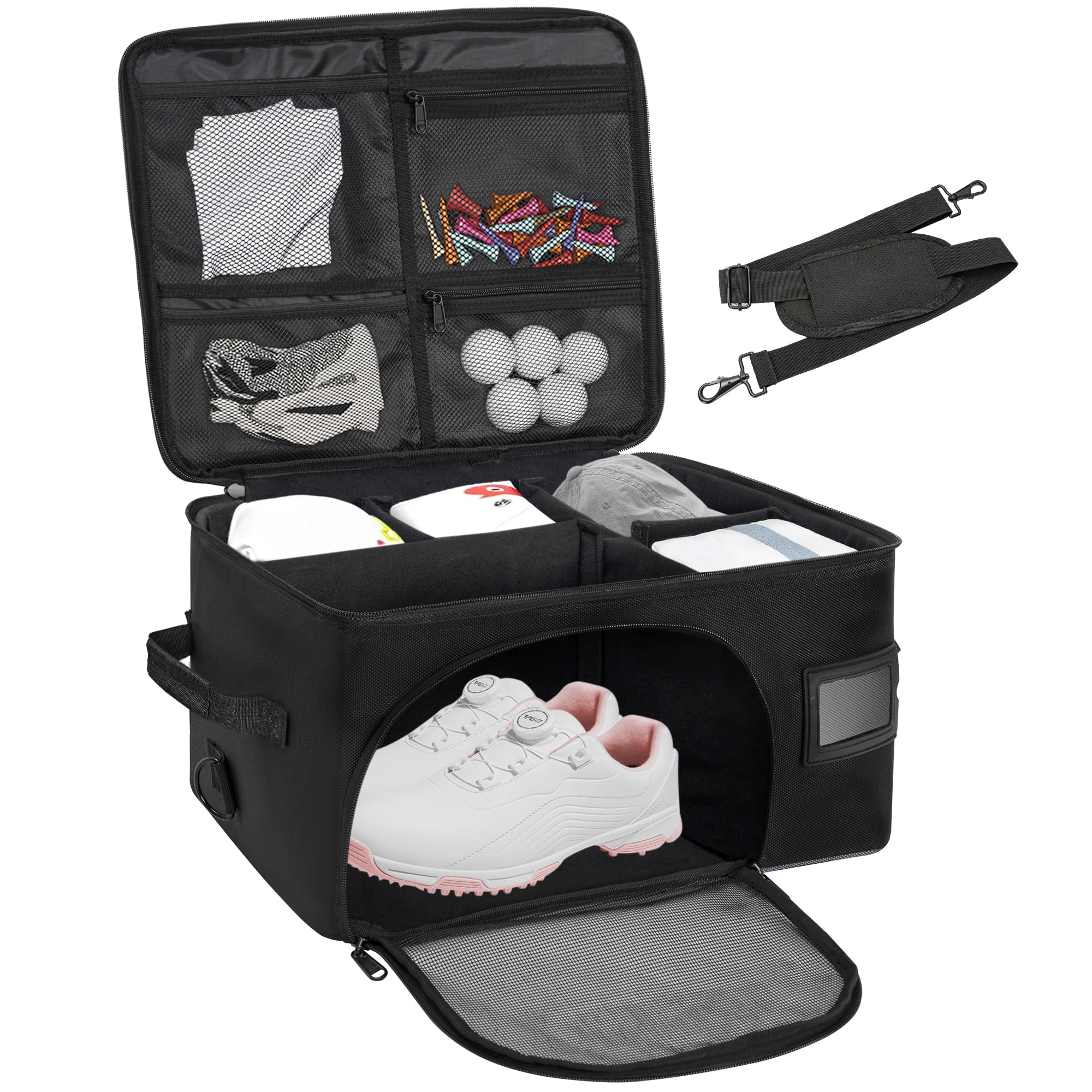 Premium Golf Trunk Organizer - Ventilated Shoe Compartment & Storage for Golf Balls, Tees, Clothes, Gloves & Accessories - Perfect for Car, SUV & Golf Cart Organization