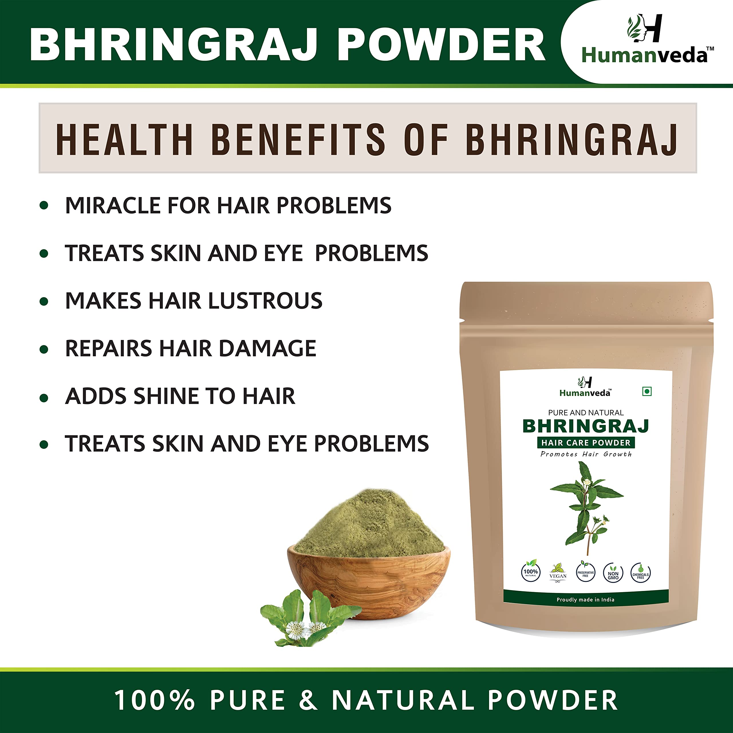 Humanveda Natural Bhringraj & Amla Powder for Hair Growth & Skin Care - Herbal Eclipta Alba & Indian Gooseberry Blend (200g) | Promotes Healthy Scalp & Glowing Skin | DIY Hair Masks & Ayurvedic Beauty Treatments