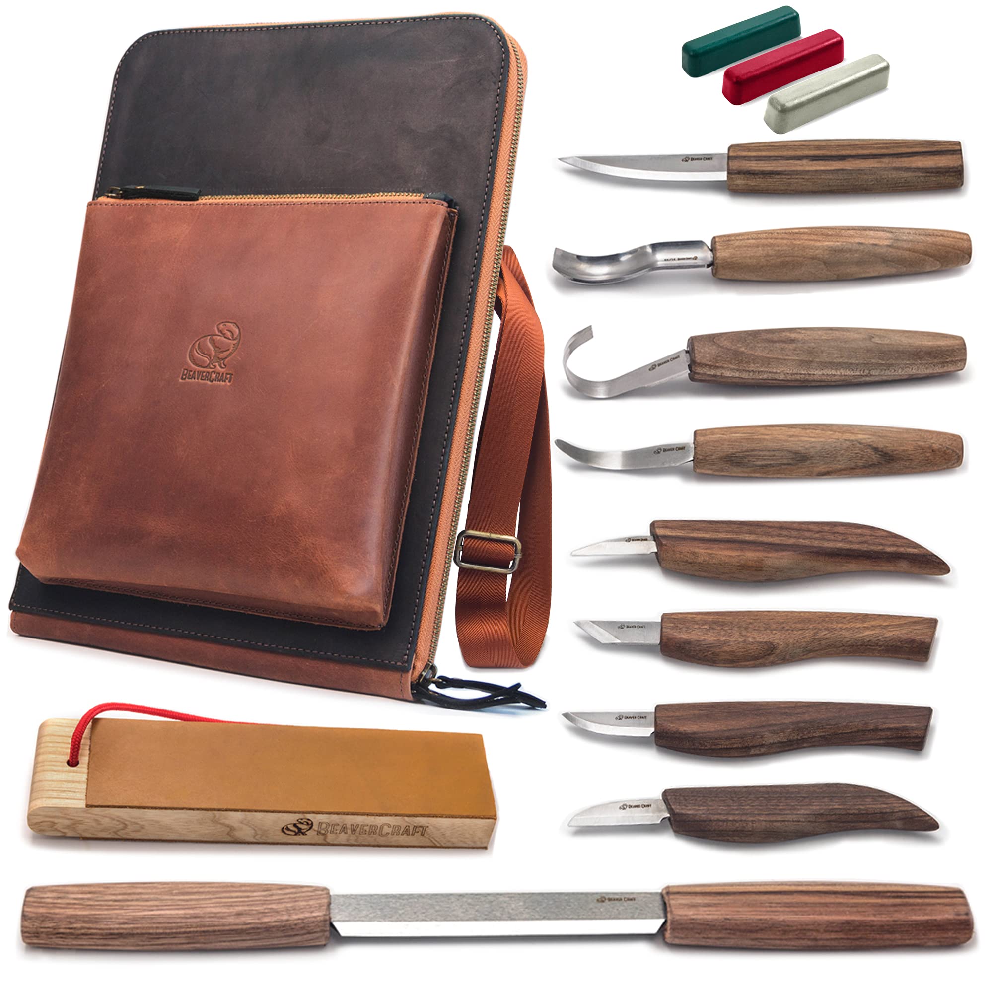 BeaverCraft Deluxe Wood Carving Kit S50X - Professional Wood Carving Tools Set with Spoon Carving Knives - Complete Whittling & Woodworking Kit for Beginners & Experts (Brown) - Perfect for DIY Crafts, Spoon Making & Wood Sculpting Projects