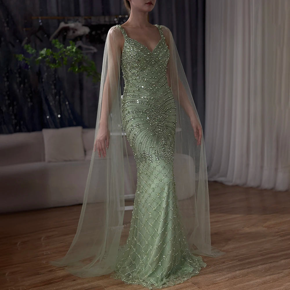 Luxury Dubai Arabic Mermaid Cape Sleeve Beaded Evening Gown - Elegant Saudi Formal Dress for Weddings, Galas & Special Occasions | LA72748