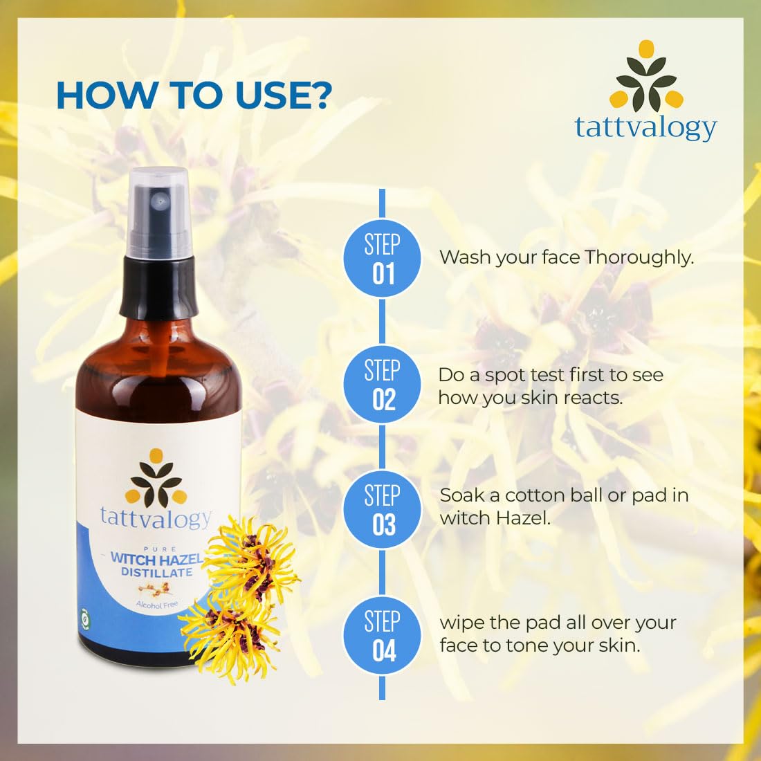 Tattvalogy Alcohol-Free Witch Hazel Distillate (100ml) - Natural Skin Toner & Astringent for Face & Body | Soothes, Calms & Refreshes Skin | Extracted from Hamamelis Virginiana | Perfect for Daily Skincare Routine, Post-Shave Treatment & Acne-Prone Skin Care