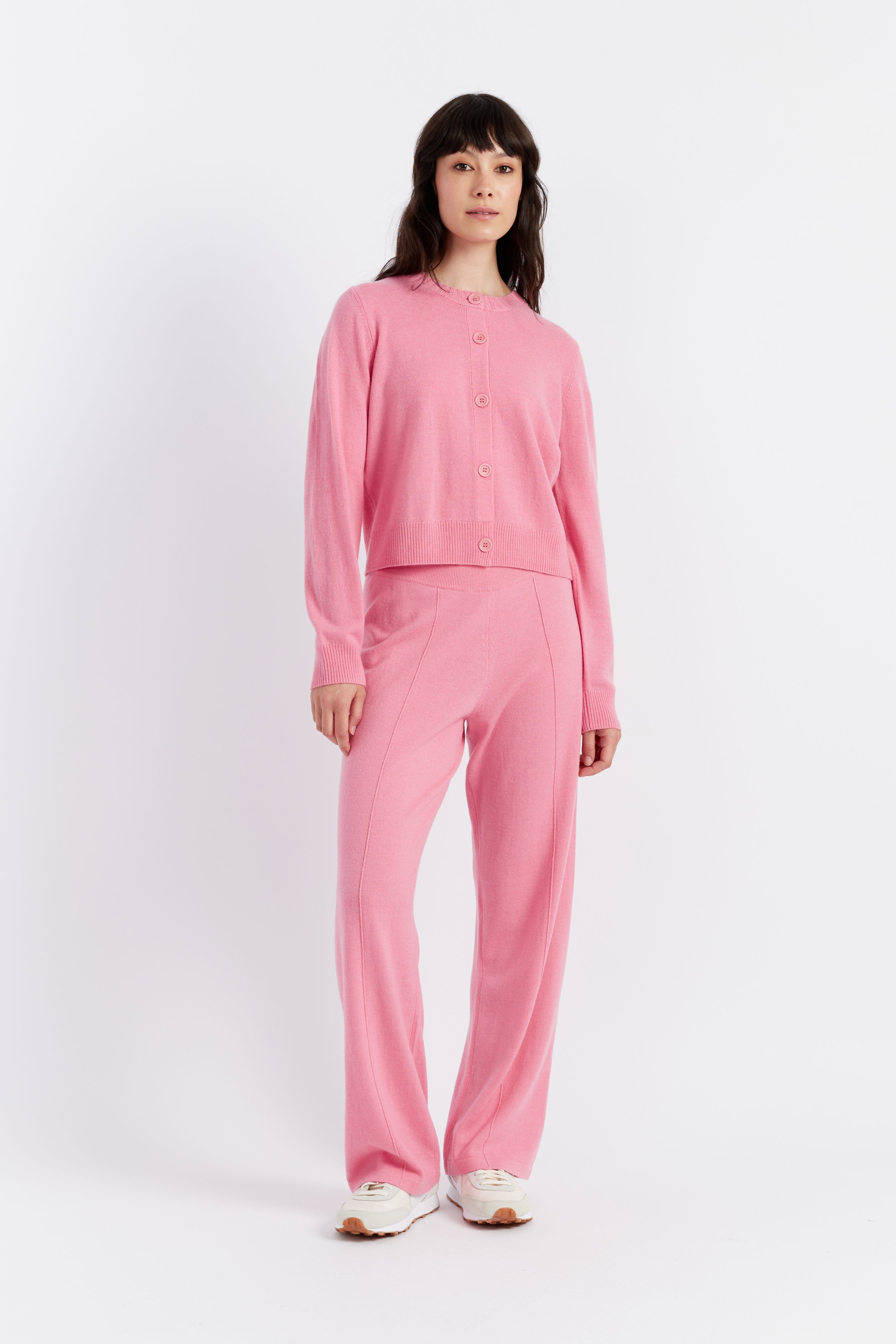 Soft Pink Wool Cashmere Blend Crew Neck Cardigan for Women - Cozy Winter Sweater for Office, Date Night & Casual Outfits