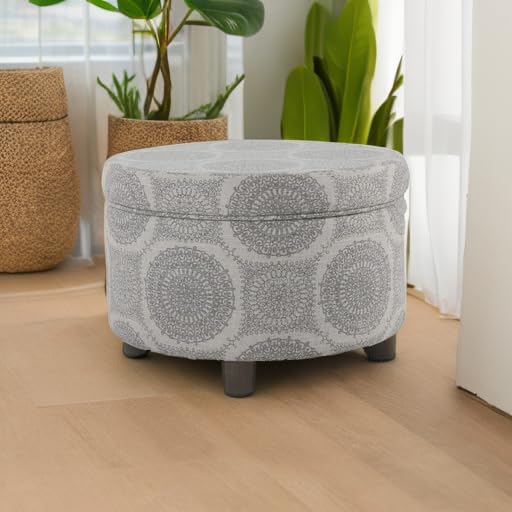 Homepop Round Storage Ottoman with Upholstered Fabric, Grey Medallion Design - 24