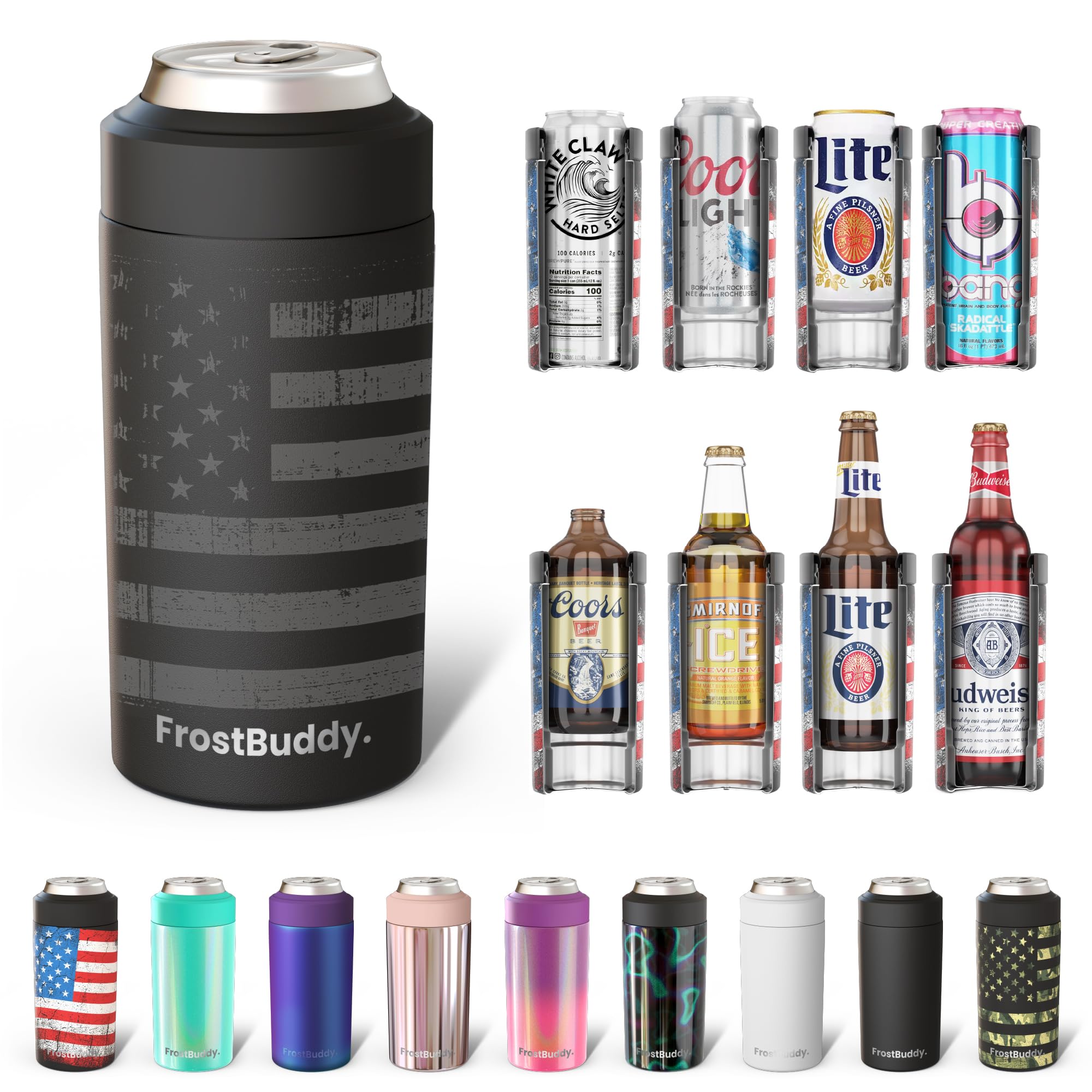 Frost Buddy Universal Stainless Steel Can Cooler - Fits 12 oz & 16 oz Regular & Slim Cans & Bottles - Perfect for Parties, Camping & Outdoor Adventures
