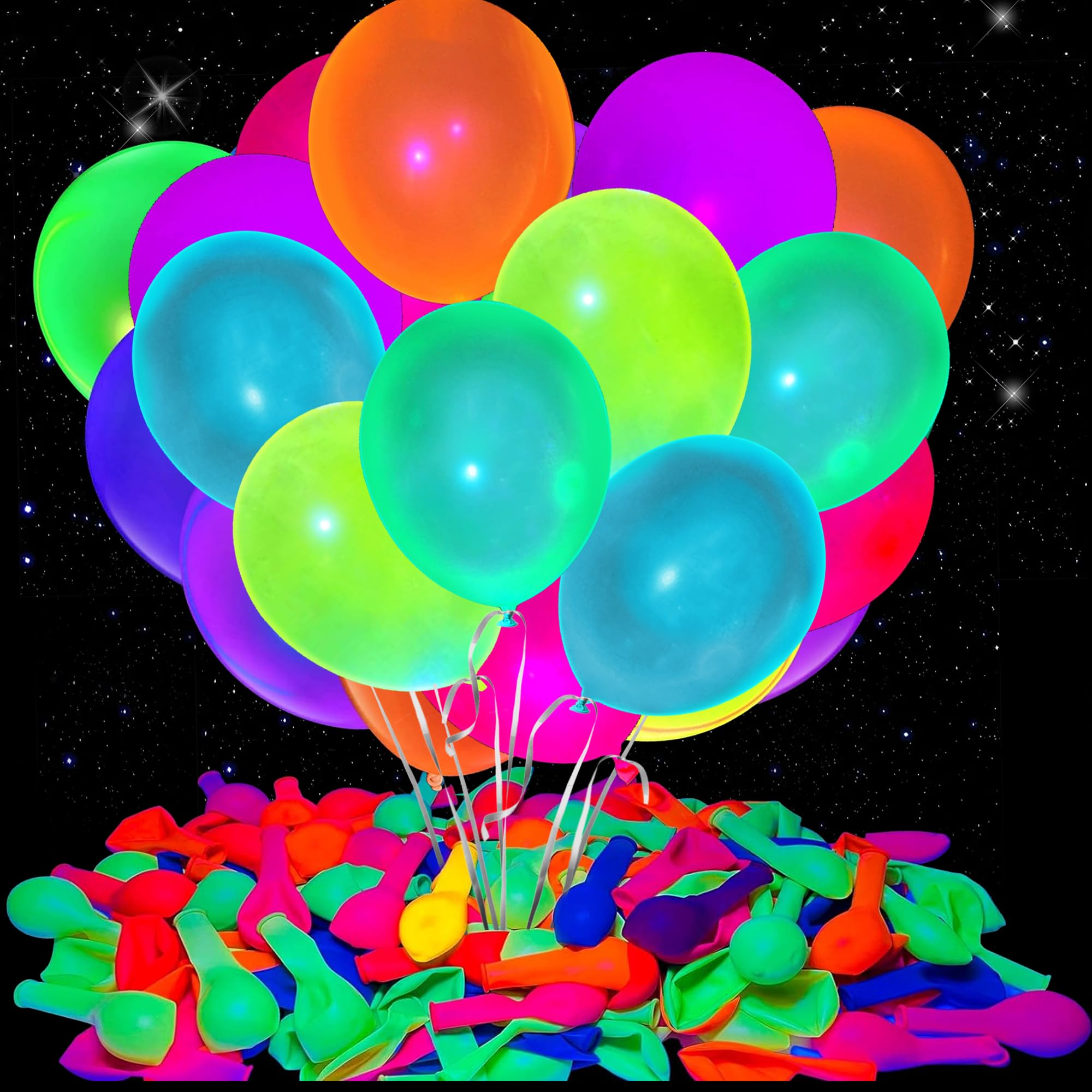 150 Pcs UV Neon Balloons - 7 Vibrant Colors, Blacklight Reactive & Glow in the Dark - Perfect for Birthday, Wedding, Neon Party & Glow Party Decorations - Great for Indoor and Outdoor Celebrations