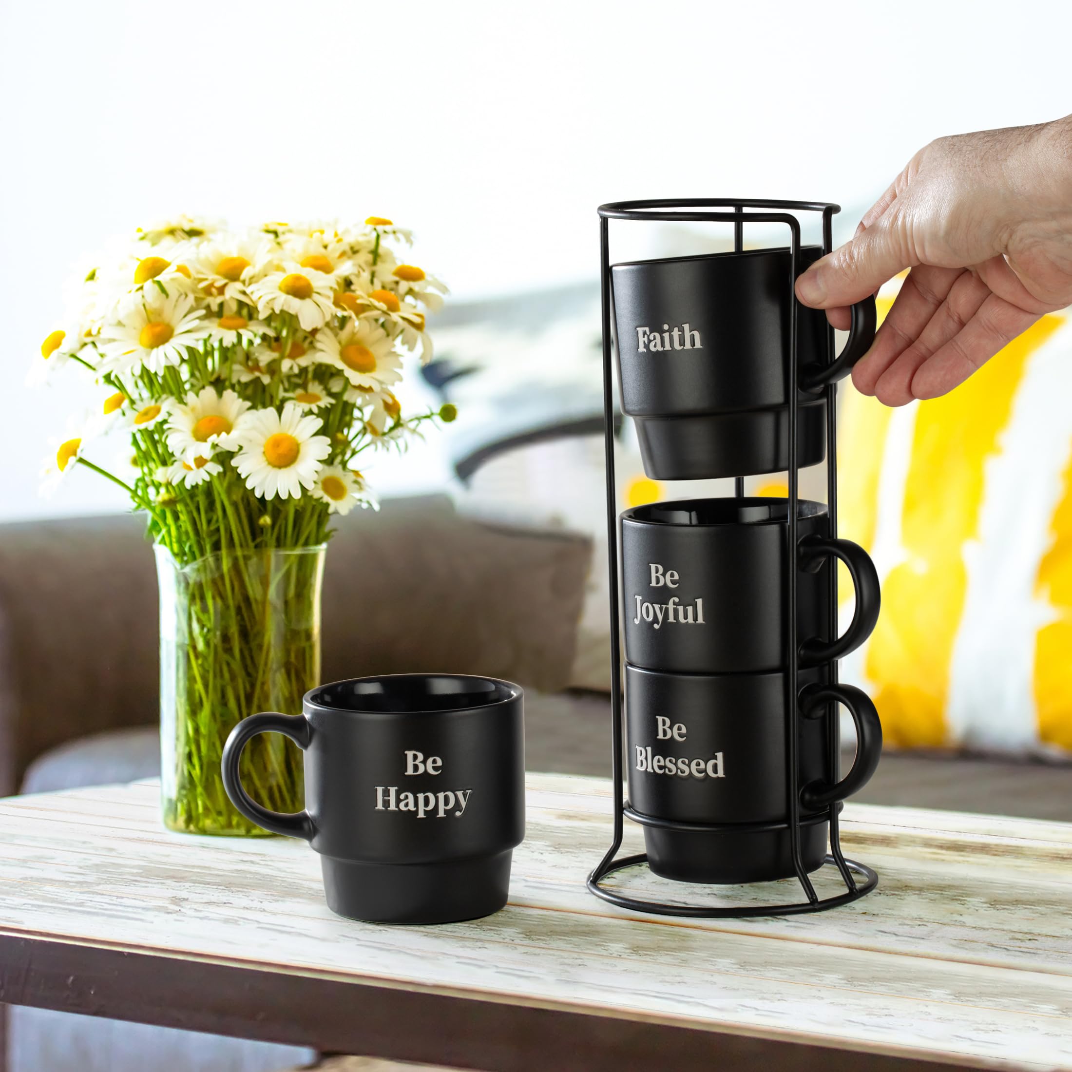 Happy Stackable Stoneware Coffee Mug Set - 4-Pack, 15oz for Coffee, Tea & Hot Drinks - Matte Black