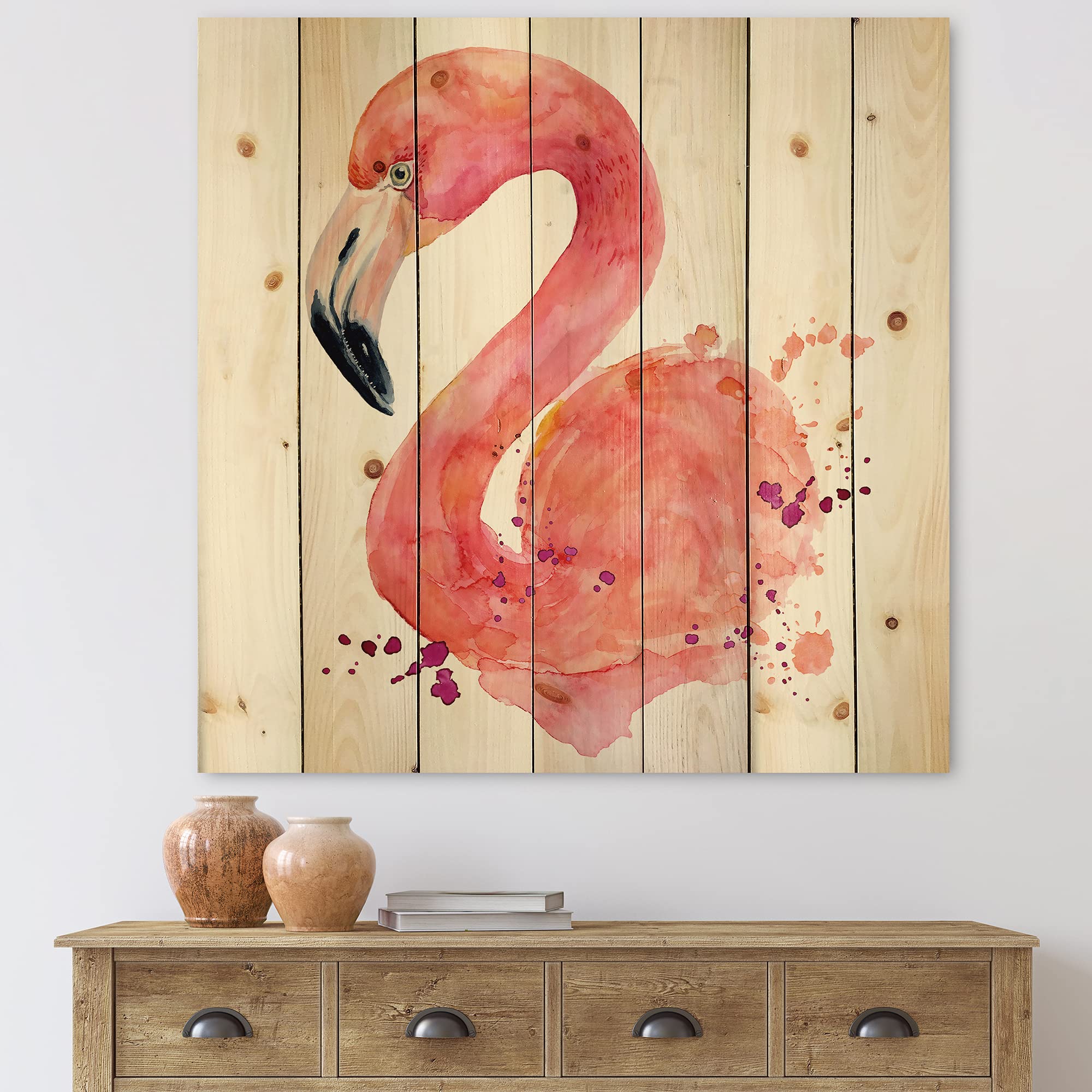 Farmhouse Wood Wall Decor - Pink Flamingo Portrait on Natural Pine Wood, Large Animal Wall Art Panel for Living Room, Bedroom & Nursery Decor