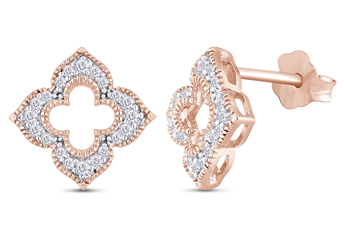 1/10 Carat Round Cut White Natural Diamond Stud Earrings for Women - 14k Gold Plated 925 Sterling Silver Flower Jewelry Gift (I2-I3 Clarity, I-J Color, 0.10 Cttw) - Perfect for Weddings, Anniversaries & Everyday Elegance