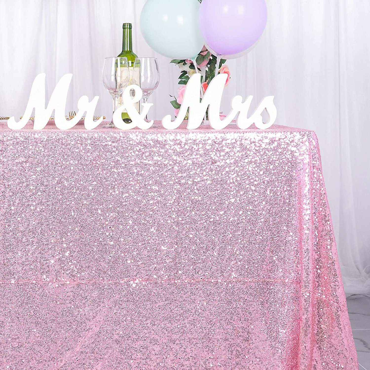 ShinyBeauty Pink Gold Sequin Tablecloth 90x132 Inch - Sparkling Rectangular Table Cover for Wedding, Party, Banquet Decor - Glamorous Fuchsia Pink Fabric for Special Occasions - Perfect for Birthday Celebrations, Anniversary Dinners and Holiday Events
