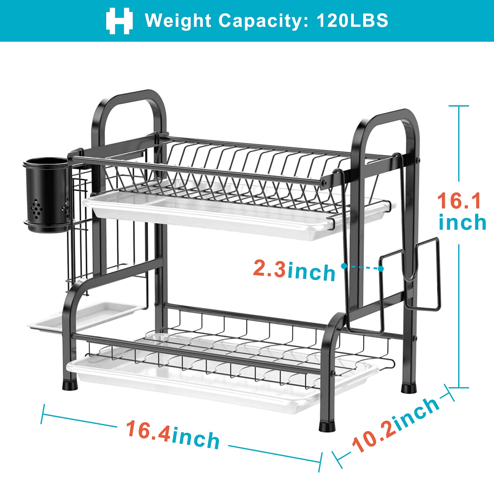 2-Tier Stainless Steel Dish Drying Rack with Utensil Holder & Cutting Board Storage - 16