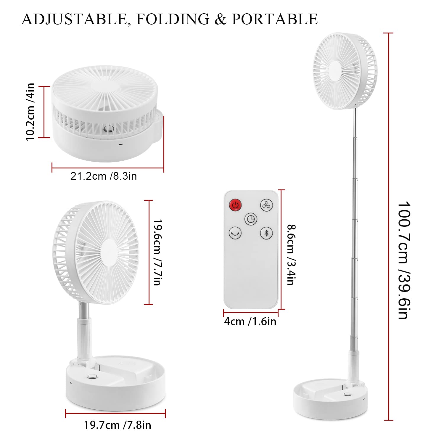 Upgraded 4-Speed Oscillating Fan - Height Adjustable, Folding & Portable with 7200mAh Rechargeable Battery (8.5-33.5 Hours) - Strong Wind for Home, Office, Travel, Camping & Car Use - White