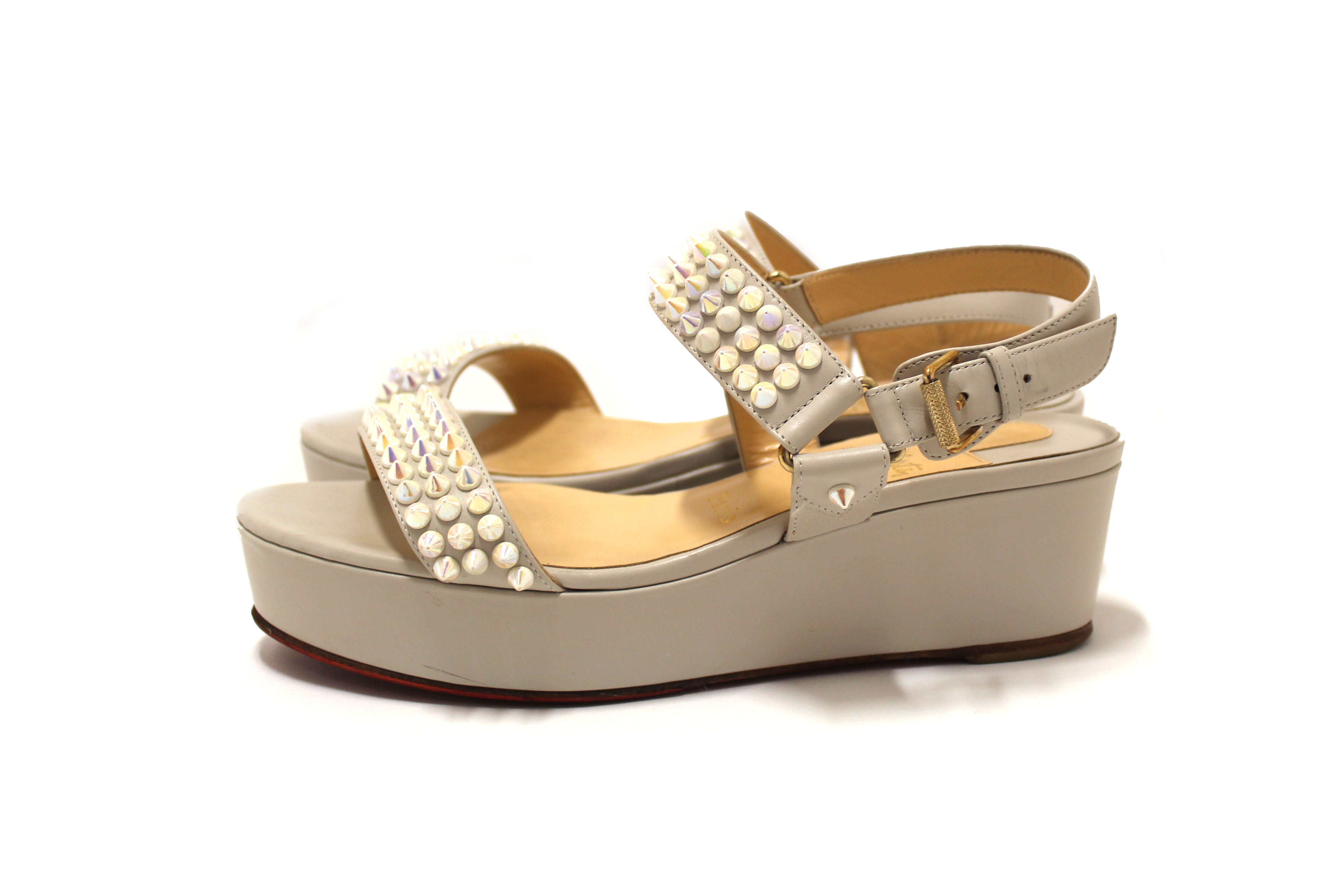 Authentic Christian Louboutin White Leather Cordorella Spikes Flatform Sandals Women's Size 37.5 - Perfect for Summer Weddings, Beach Vacations & Night Out Parties