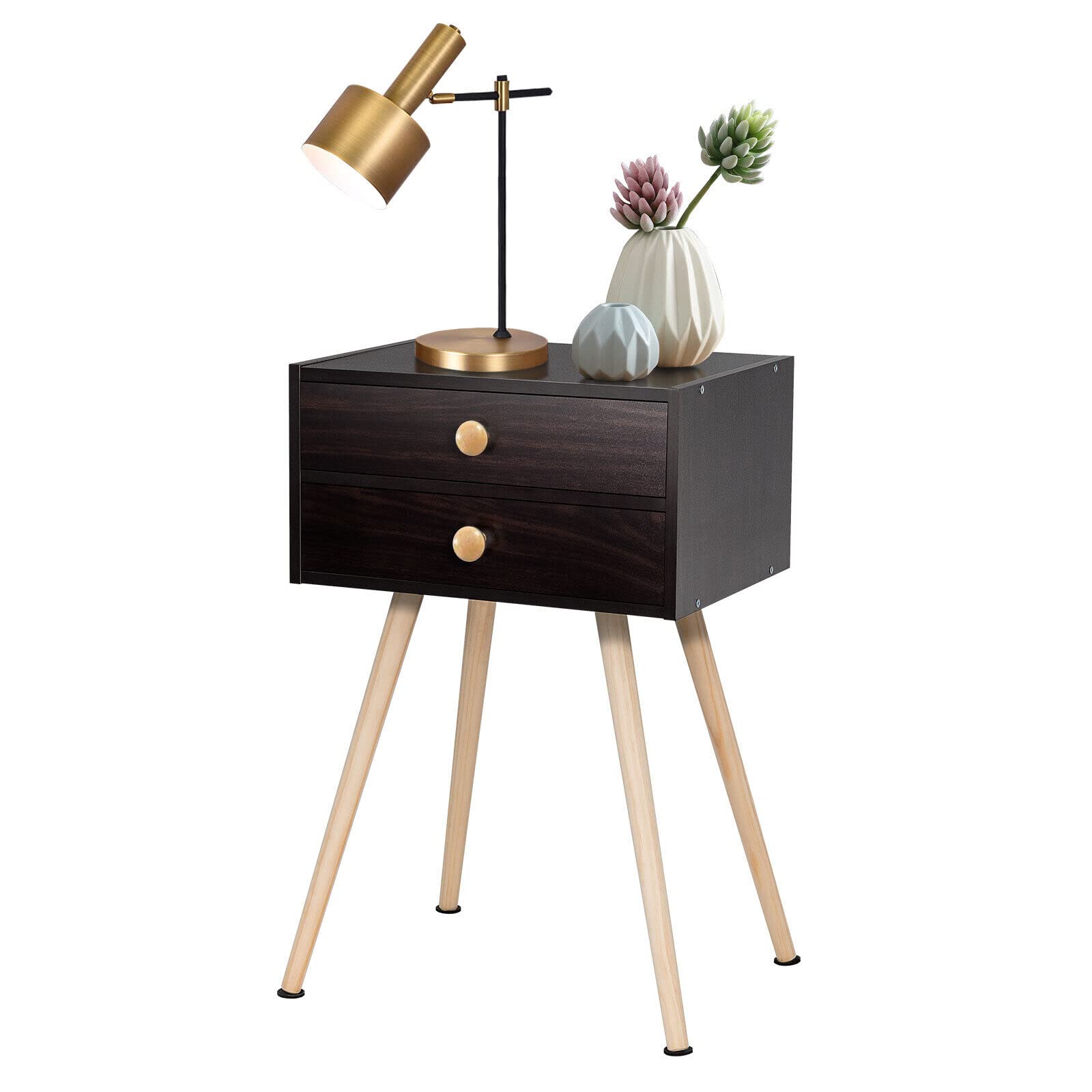 Mid Century Modern Nightstand with 2 Drawers & Solid Wood Legs - Compact Bedside Table for Small Spaces - Espresso Finish End Table for Bedroom & Living Room - Perfect for Storage & Home Decor