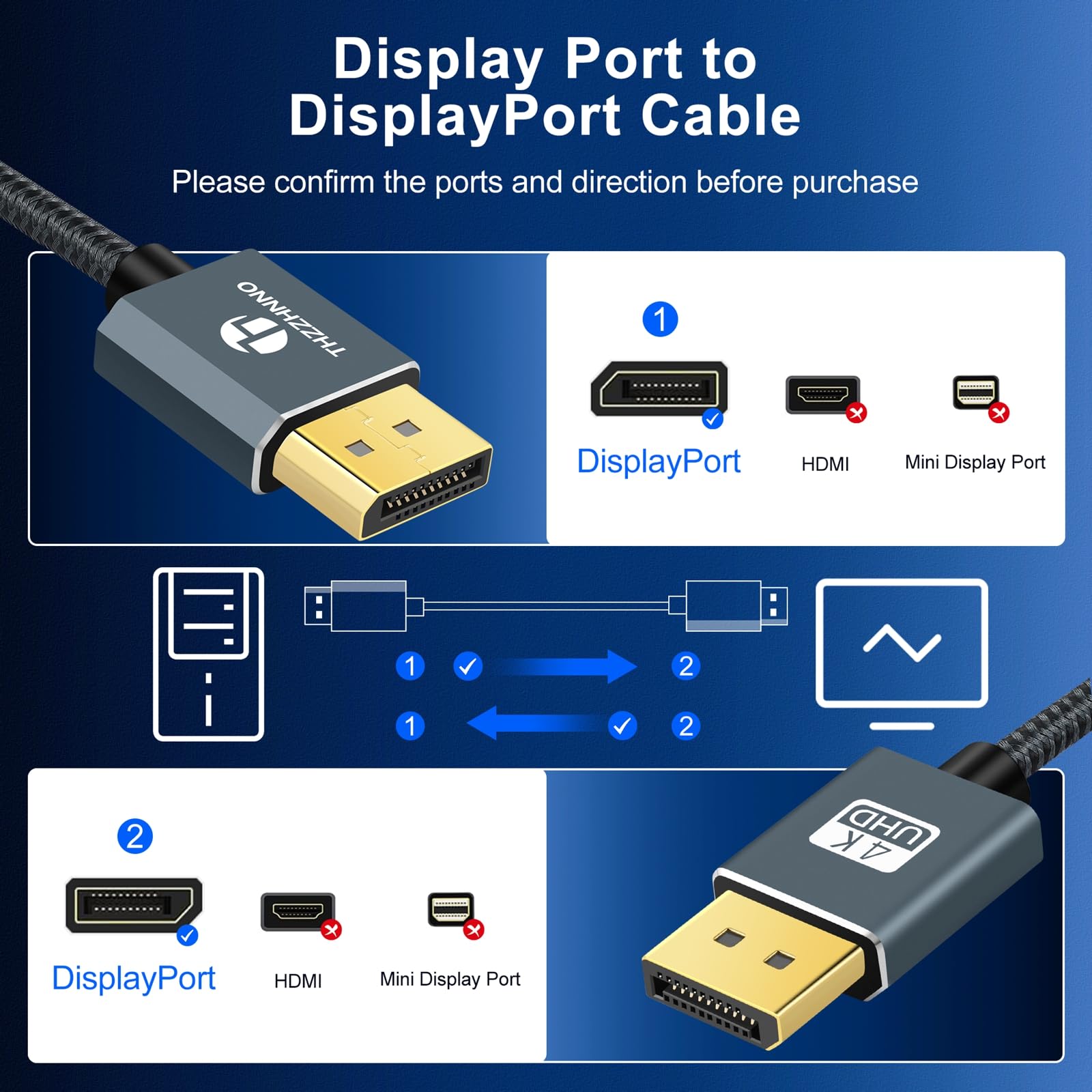 Thzzhnno DisplayPort Cable 1M (3.3ft) - Certified DP 1.2, Gold-Plated Connectors, 4K@60Hz & 2K@165Hz/144Hz - High-Speed Gaming Monitor Cable for PC, Laptop, Workstation - Perfect for Esports, Video Editing & Multi-Screen Setup