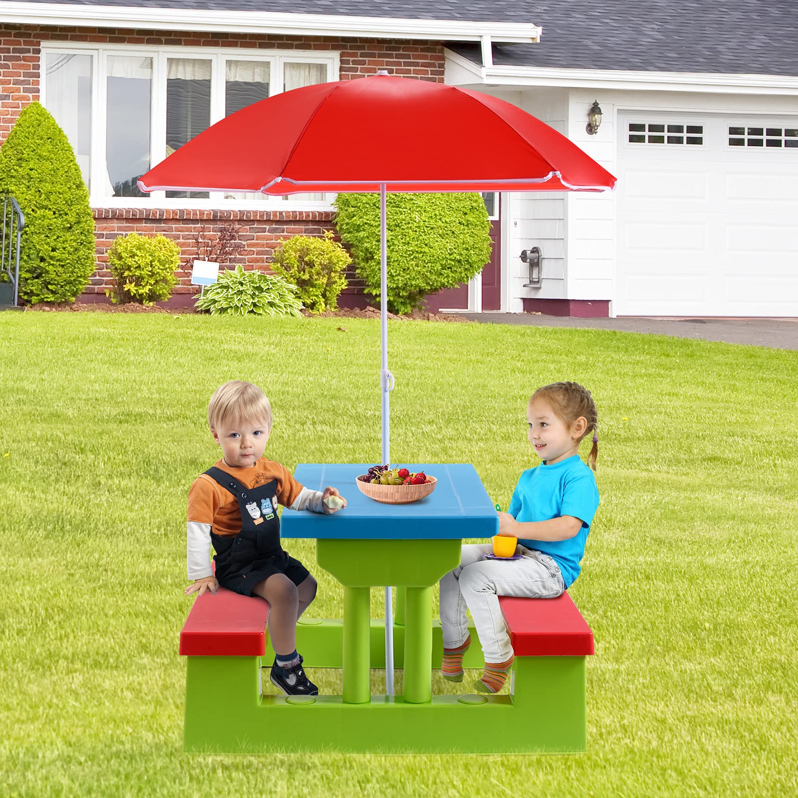 ARMILE Kids Picnic Table with Removable Umbrella - Foldable Indoor/Outdoor Plastic Table & Bench Set for Toddlers - Portable Play Table for Backyard, Patio, Park, Beach - Perfect Gift for Boys & Girls (Red)