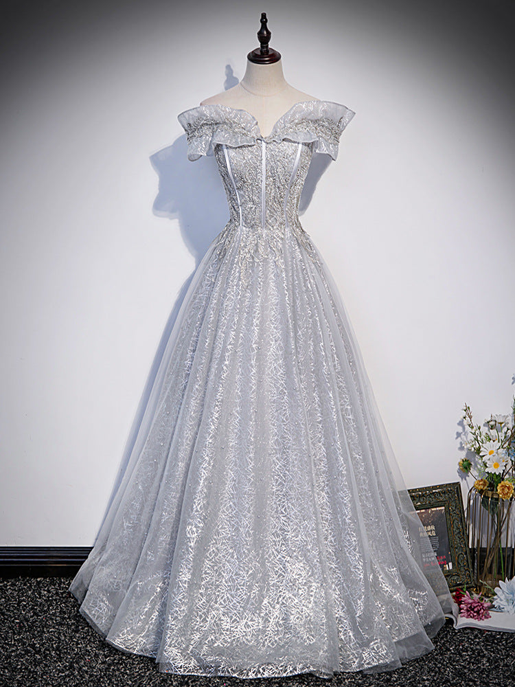 Sparkly Gray Off-Shoulder Prom Dress - Shiny Formal Evening Gown for Homecoming, Pageants & Special Occasions