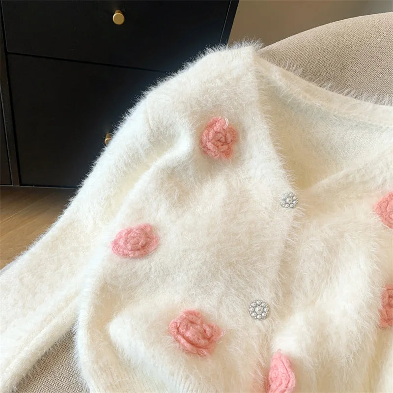 Women's V-Neck Long Sleeve Knitted Cardigan - White & Pink Floral Design Imitation Mink Sweater for Autumn Winter | Cozy Fall Layering, Office Wear & Casual Outfits