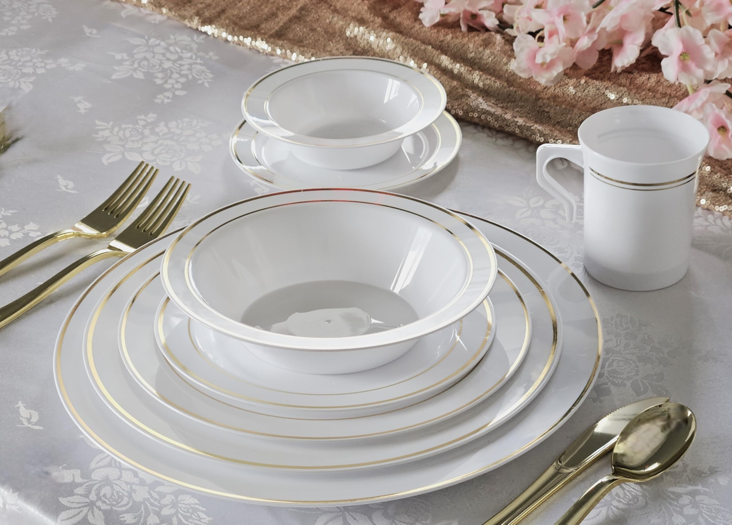 60-Pack Heavyweight Disposable Plastic Plates for Weddings & Parties - 10.5'' Elegant White Dinner Plates with Gold Rim - Perfect for Bridal Showers, Birthday Celebrations & Catering Events