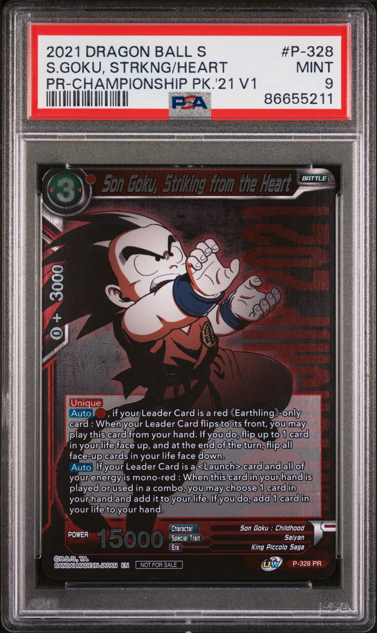 2021 Dragon Ball Super S.Goku STRKNG/HEART #P 328 PSA 9 Graded Trading Card - Perfect for Collectors, Gaming Tournaments & Anime Fans Display