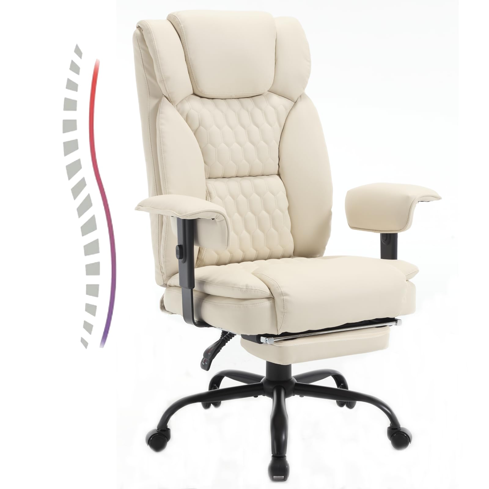 Heavy Duty Big and Tall Office Chair 400LBS Capacity - Extra Wide Seat High Back Ergonomic Executive Reclining Chair with Adjustable Footrest, PU Leather Gaming Desk Swivel Chair with Wheels, Lumbar Support & Armrests - Perfect for Home Office, Gaming Setup and Conference Rooms (Beige)