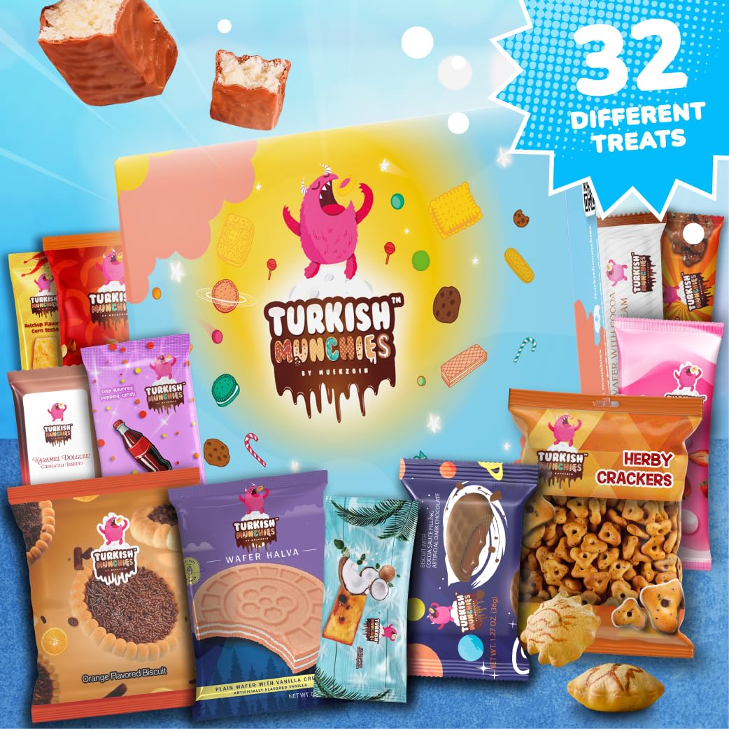 Premium International Snack Box - 32 Full-Size Exotic Snacks from Turkey & Worldwide | Unique Gourmet Candy & Food Gift Set | Perfect for Office Treats, Party Favors & Care Packages
