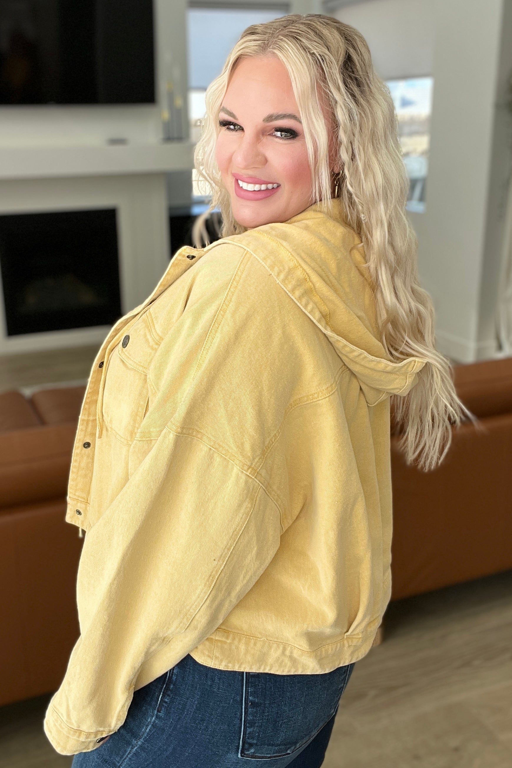 Gee Gee Mustard Cropped Hooded Denim Jacket for Women - Trendy Distressed Vintage Style - Perfect for Casual Outfits & Streetwear Fashion