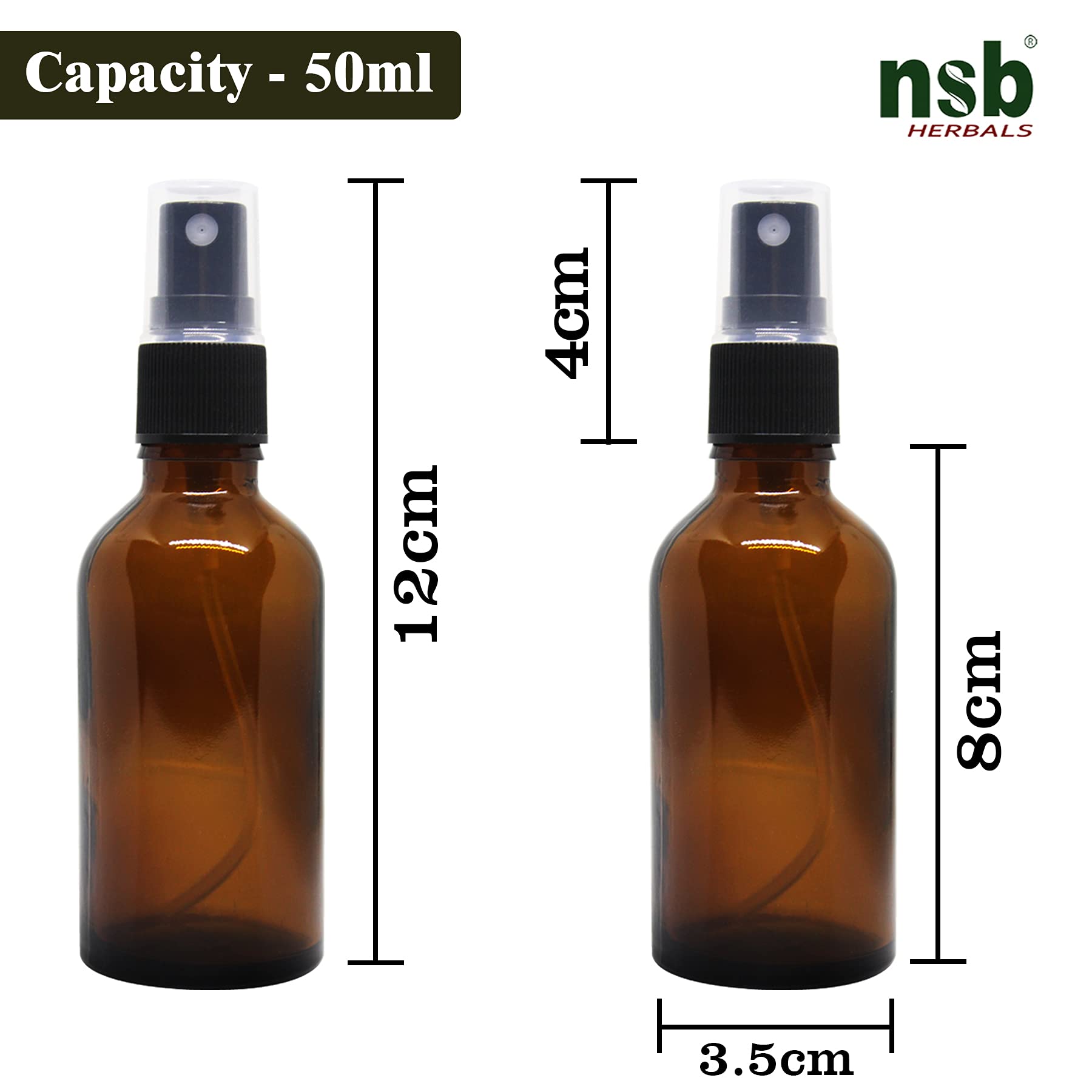 NSB Herbals 50ml Refillable Amber Glass Spray Bottles with Leak-Proof Pump - Perfect for DIY Perfume, Essential Oils, Aromatherapy, Beauty Products & Skincare (Pack of 3) | Great for Travel, Home Spa & Gift Sets
